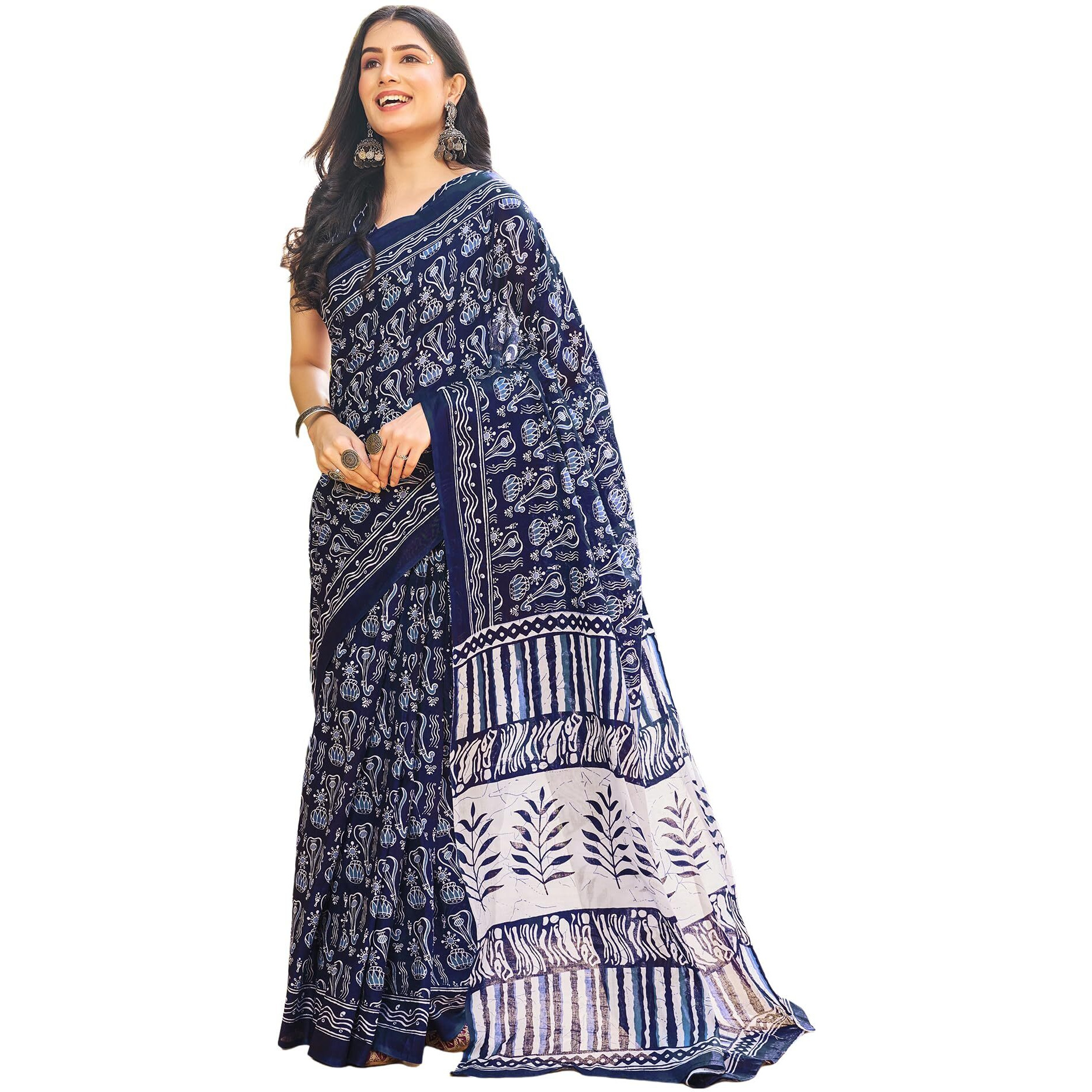 SIRIL Womens Cotton Printed Ready To Wear Saree With Unstitched Blouse Piece (3394S307_Dark Blue)