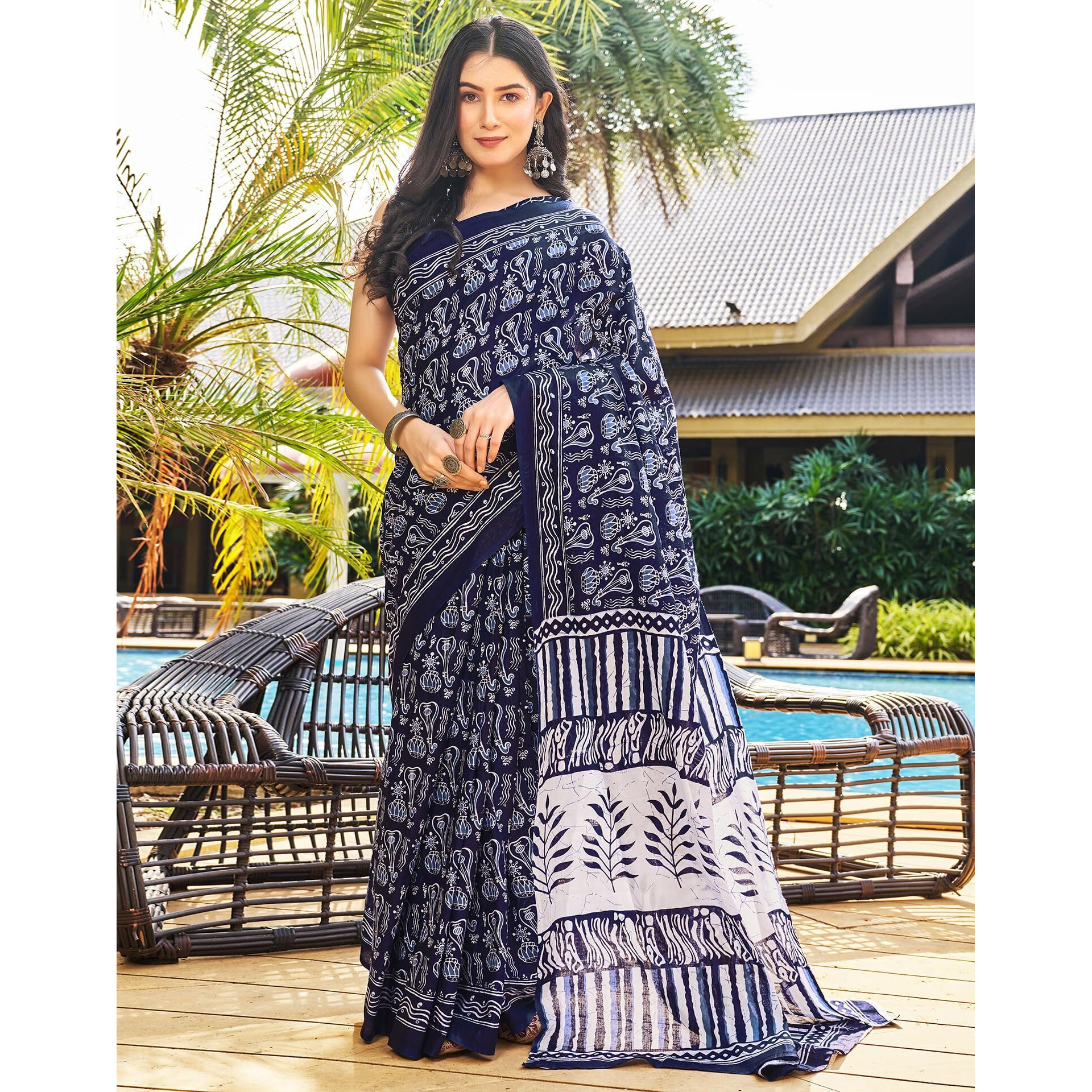 SIRIL Womens Cotton Printed Ready To Wear Saree With Unstitched Blouse Piece (3394S307_Dark Blue)