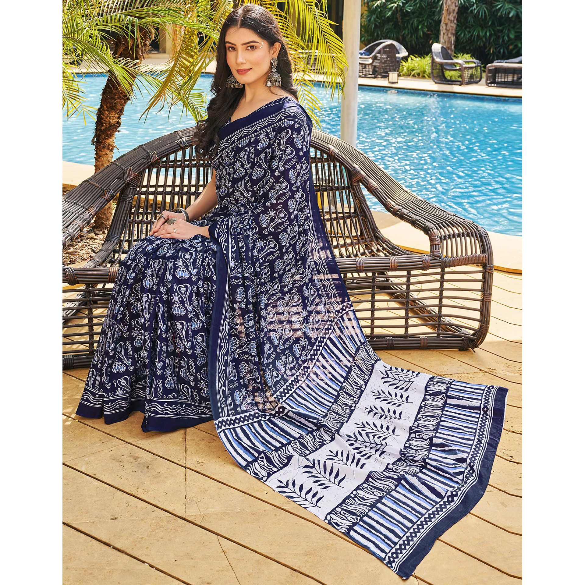 SIRIL Womens Cotton Printed Ready To Wear Saree With Unstitched Blouse Piece (3394S307_Dark Blue)