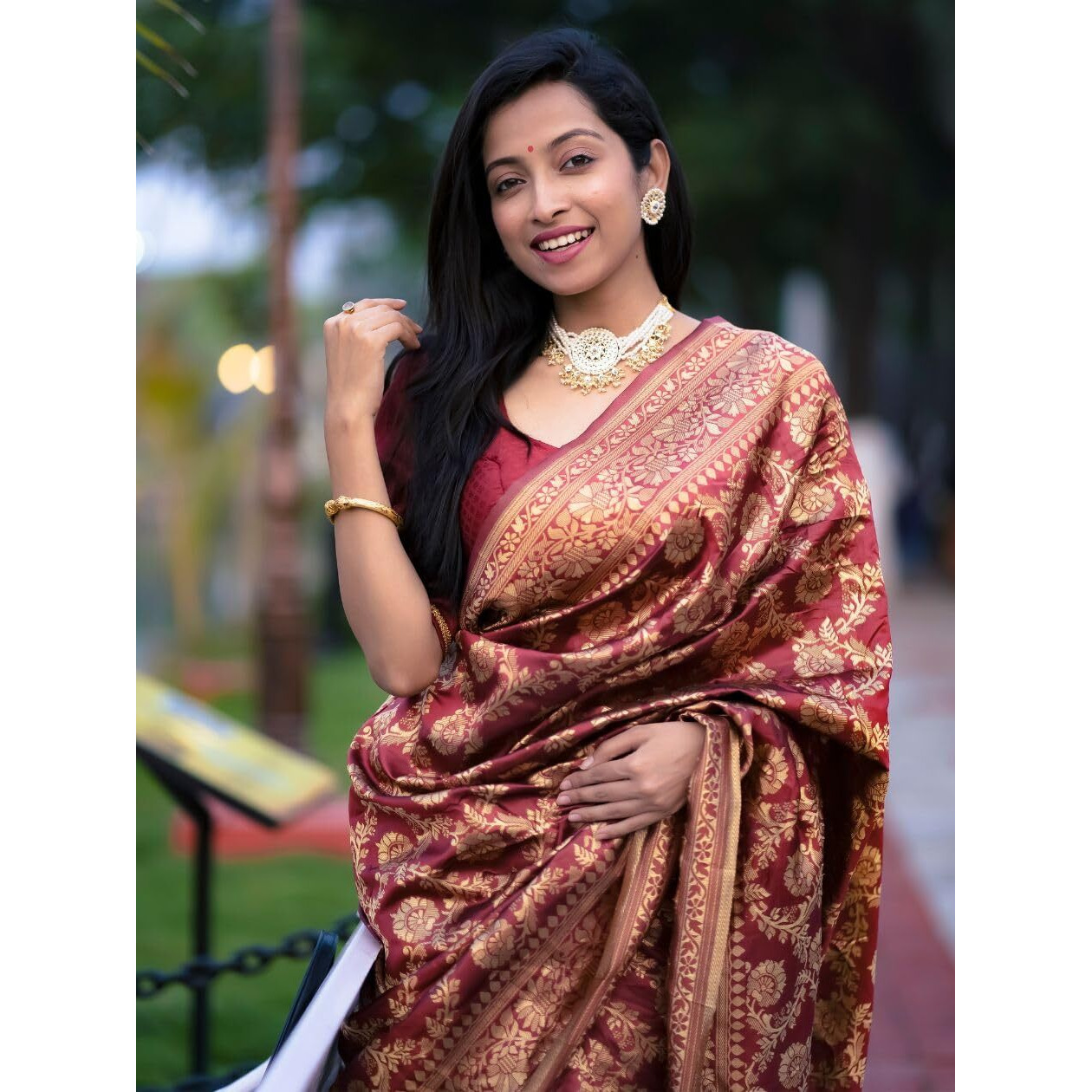 EthnicJunction Womens Banarasi Silk Jacquard Work Saree With Blouse Piece (EJ6008-1009-Banarasi-Bale-Cherry Maroon)