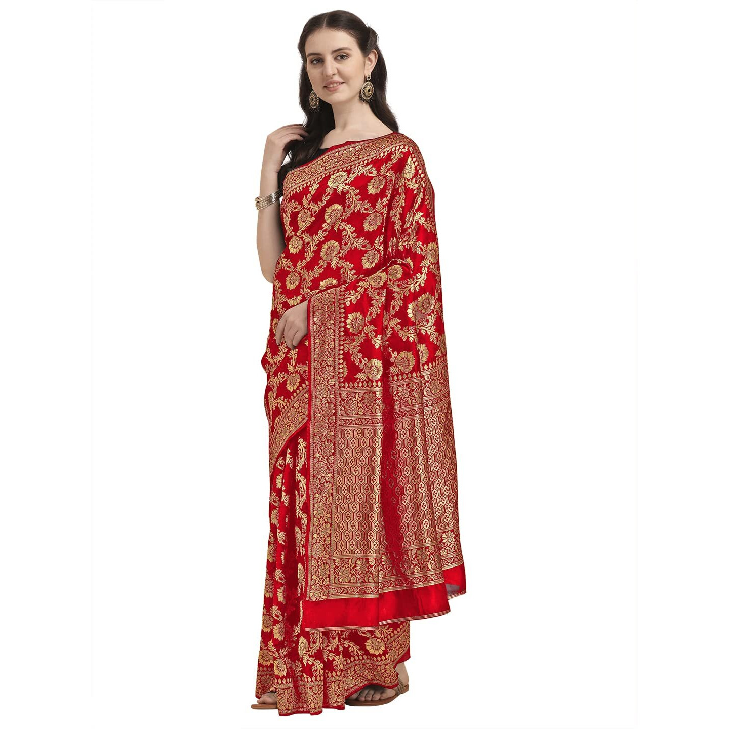 EthnicJunction Womens Banarasi Silk Blend Woven Saree With Blouse Piece (EJ6008-1025-Cherry-Red_Red)