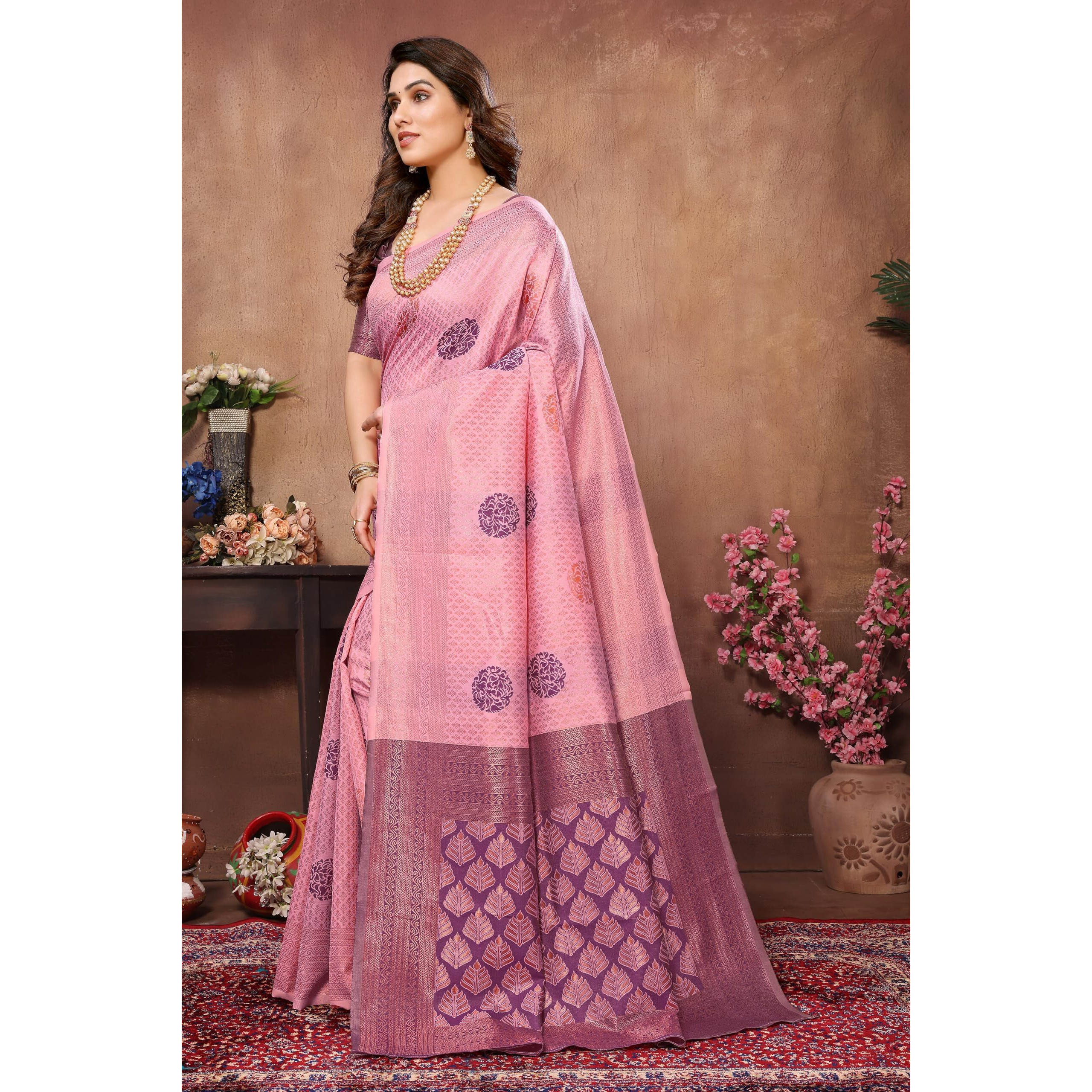 VJ Fashion Women Soft Silk Banarasi Saree With Blouse Piece_Freesize(Baby Pink)