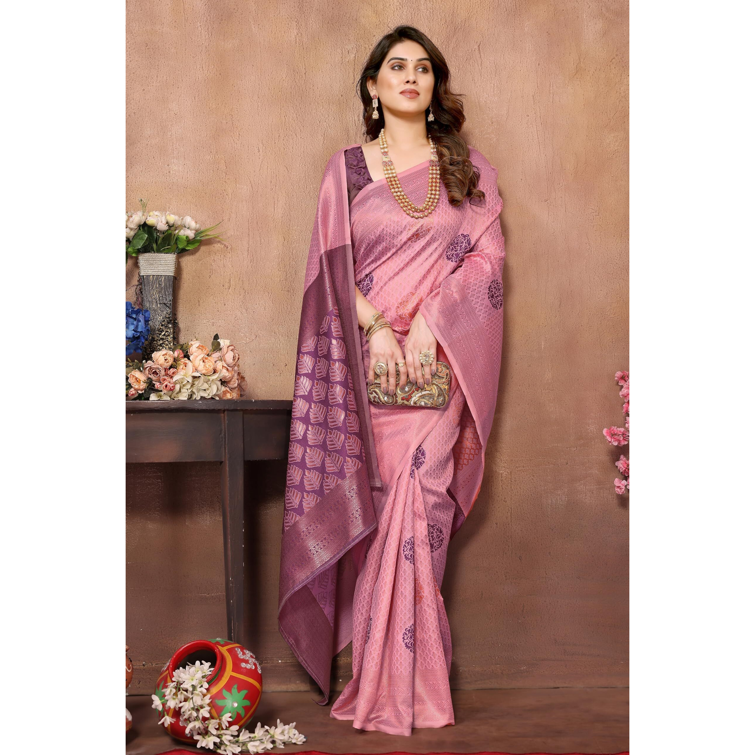 VJ Fashion Women Soft Silk Banarasi Saree With Blouse Piece_Freesize(Baby Pink)
