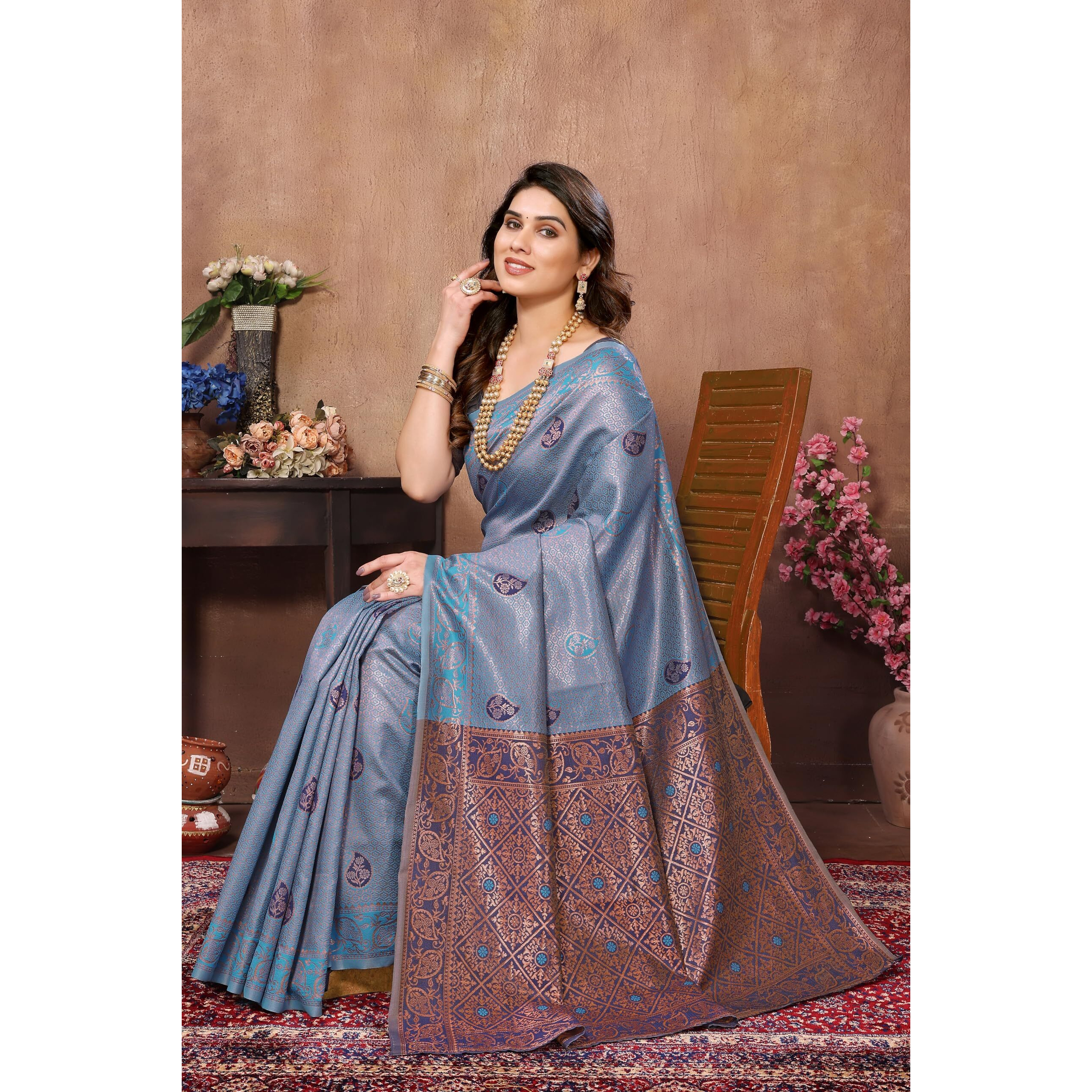 VJ Fashion Women Soft Silk Banarasi Saree With Blouse Piece_Freesize(Airforce Blue)