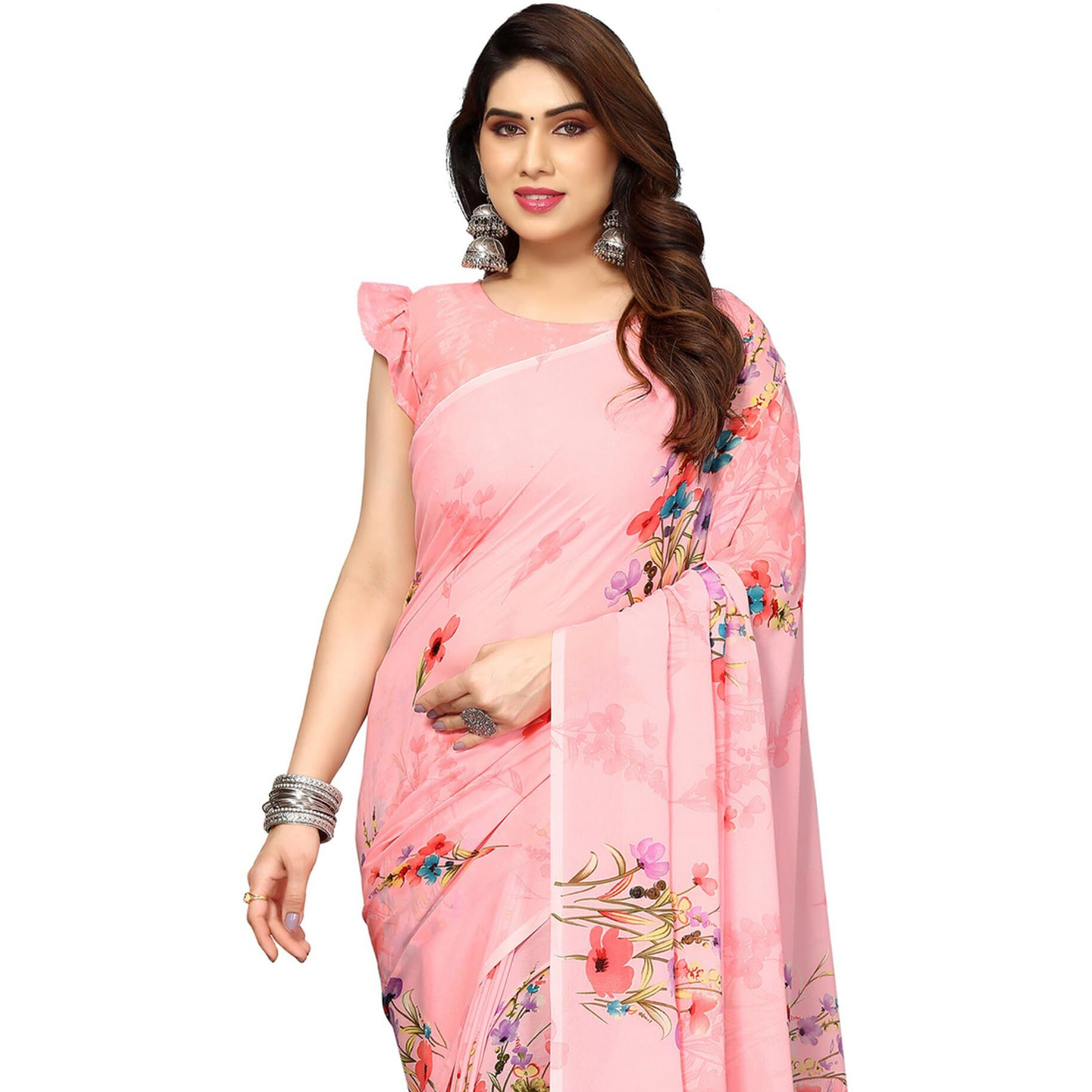 SIRIL Georgette Womens Geoegette Floral Printed Saree With Unstitched Blouse Piece (3112S2151A_Peach)