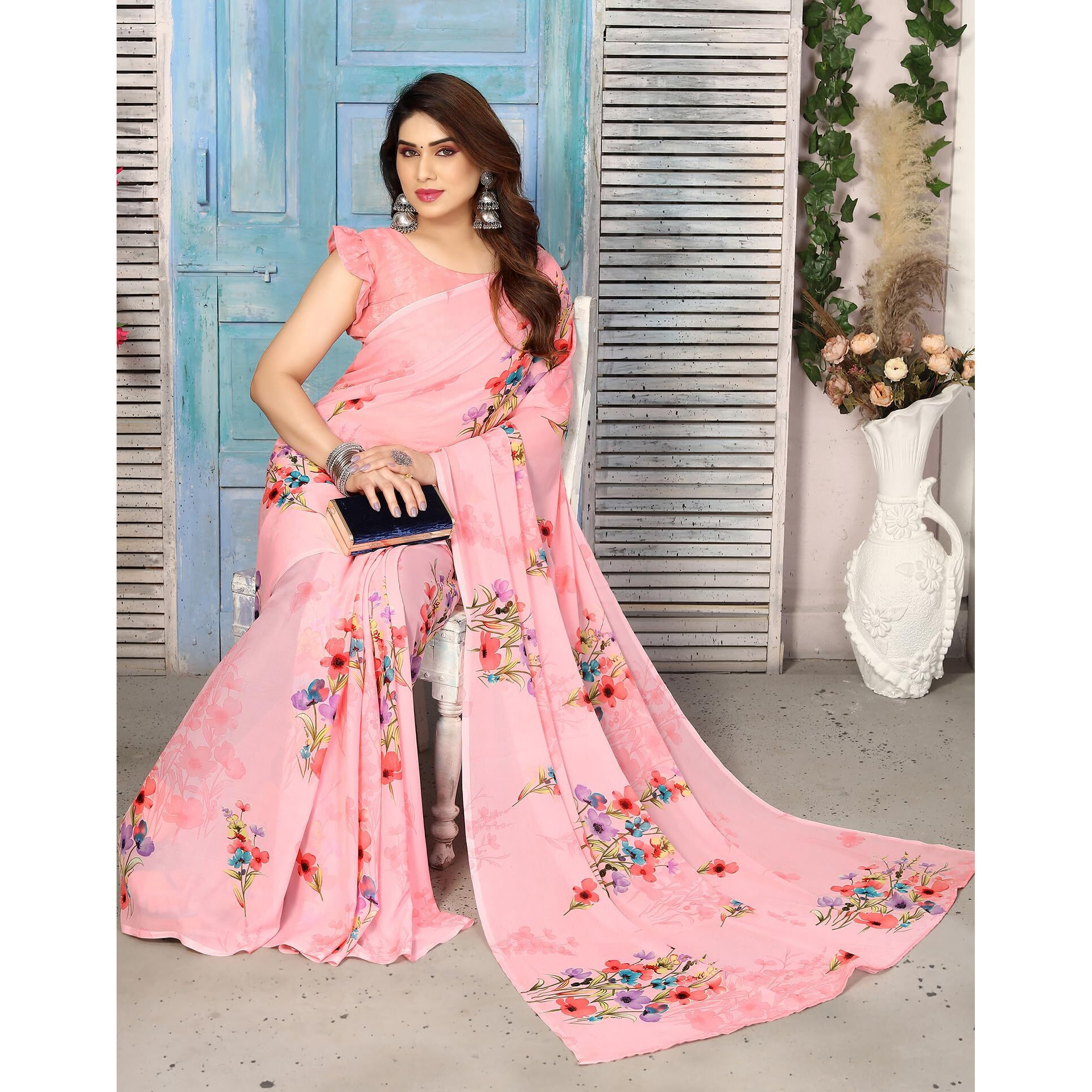 SIRIL Georgette Womens Geoegette Floral Printed Saree With Unstitched Blouse Piece (3112S2151A_Peach)