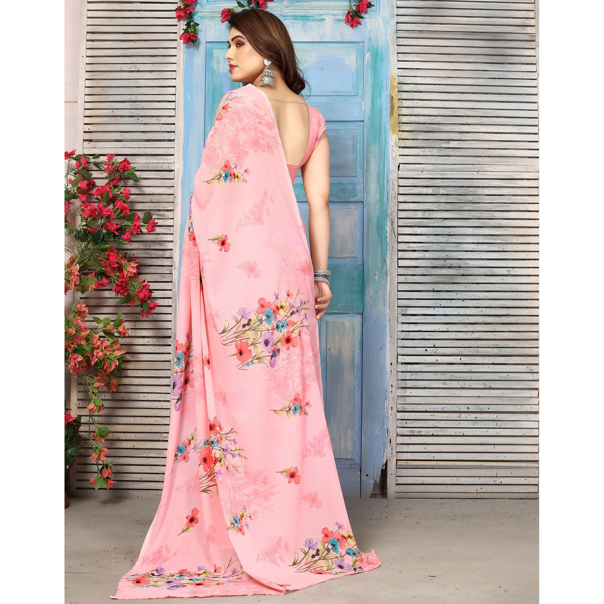 SIRIL Georgette Womens Geoegette Floral Printed Saree With Unstitched Blouse Piece (3112S2151A_Peach)