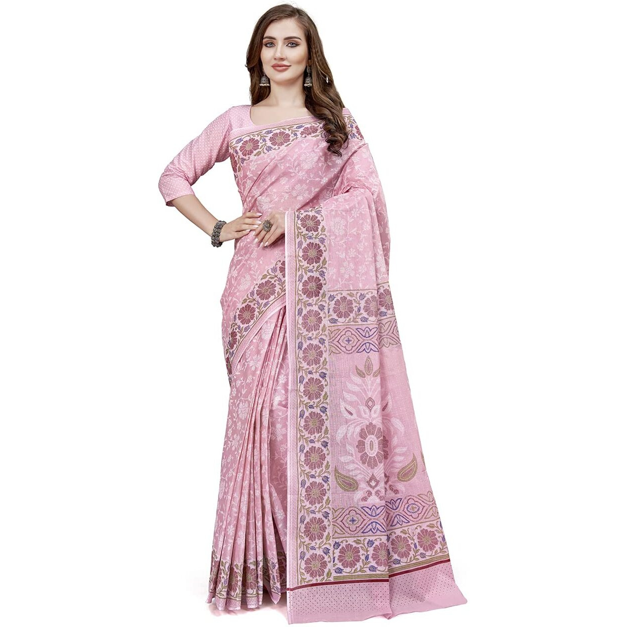 RATAN Pure Cotton Printed Mulmul Saree for Women with Blouse Piece (BGM-BP-5873_Onion)