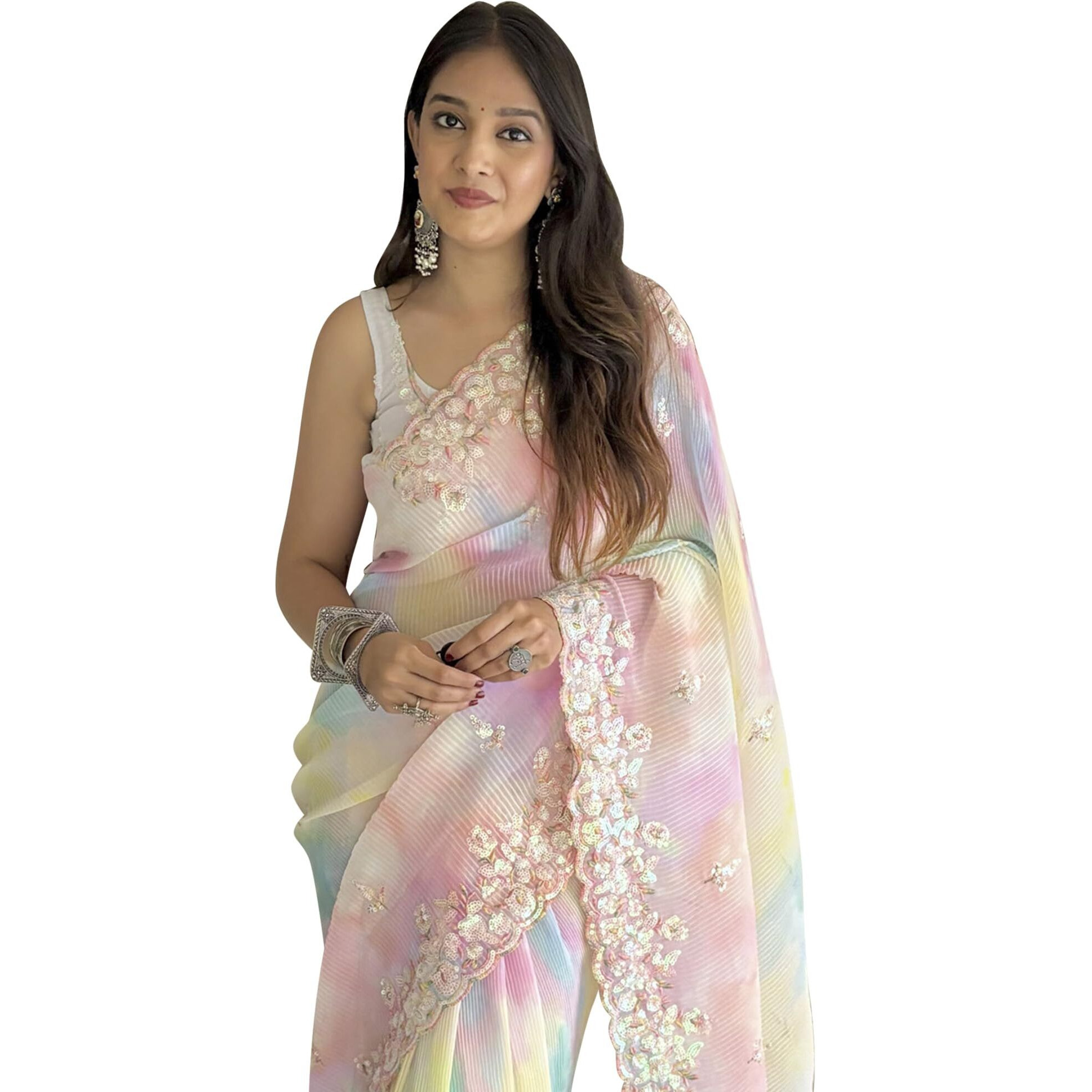 AKHILAM Womens Georgette Tie and Dye Embellished Saree With Unstitched Blouse Piece(Multicolored_KESARI2903_KR)