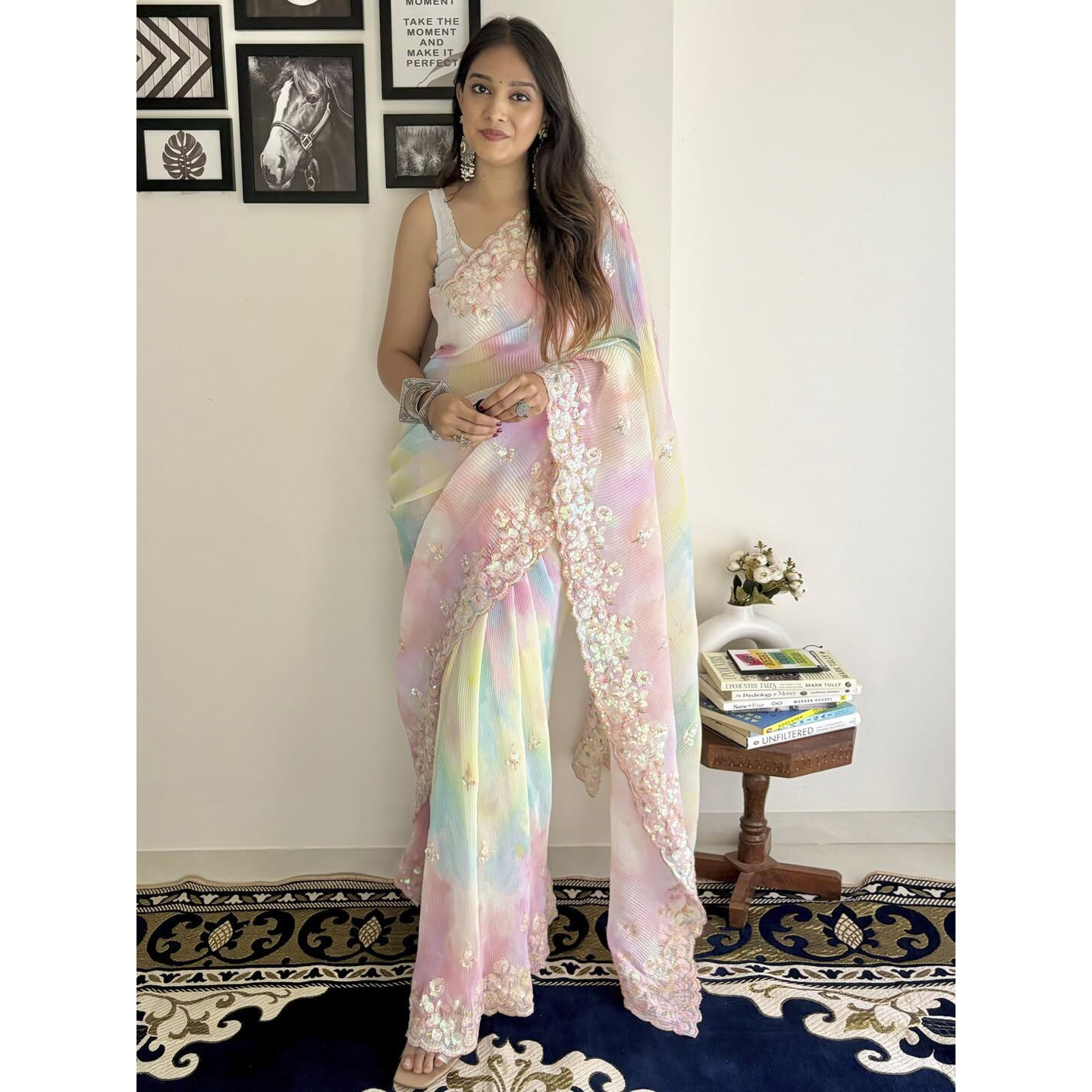 AKHILAM Womens Georgette Tie and Dye Embellished Saree With Unstitched Blouse Piece(Multicolored_KESARI2903_KR)
