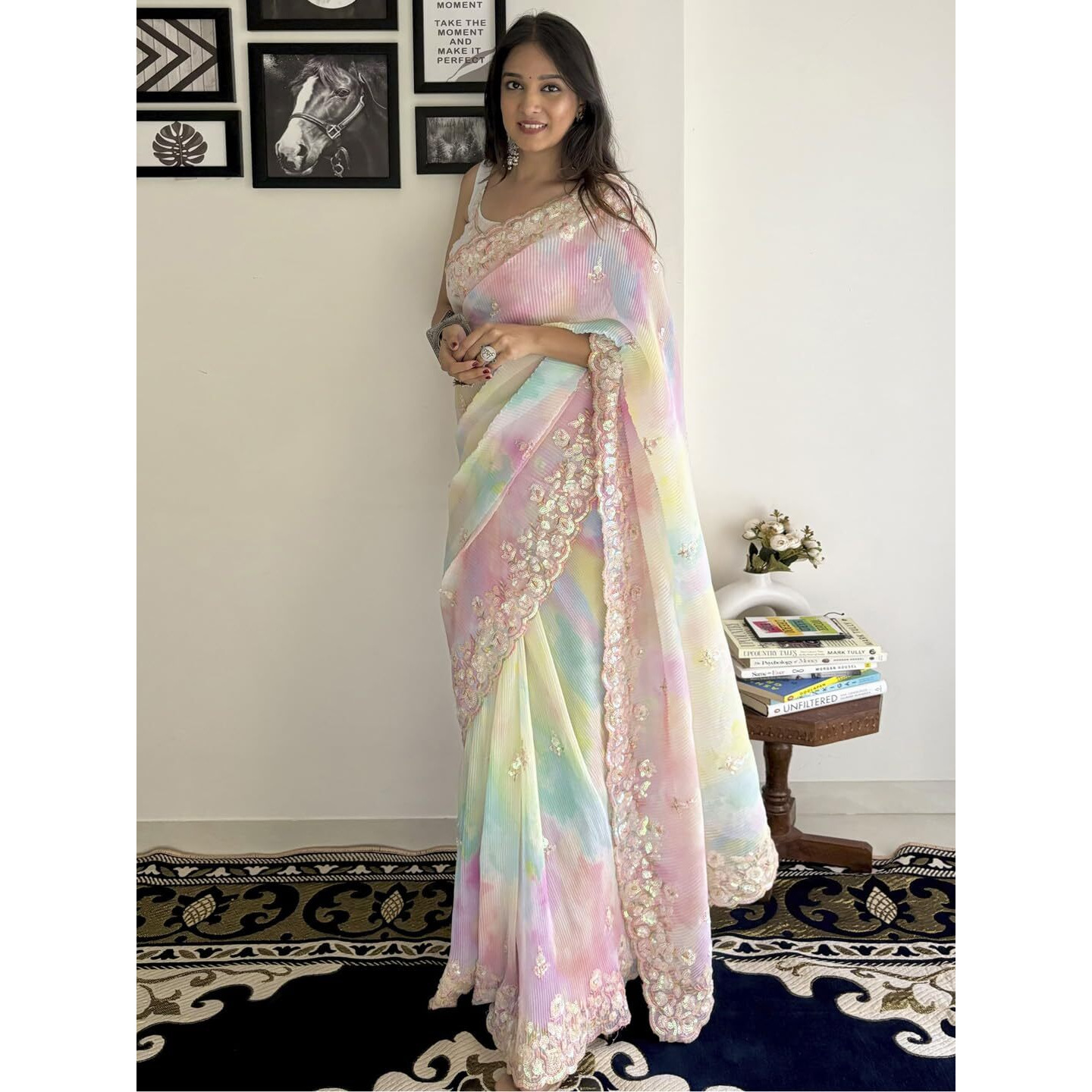 AKHILAM Womens Georgette Tie and Dye Embellished Saree With Unstitched Blouse Piece(Multicolored_KESARI2903_KR)