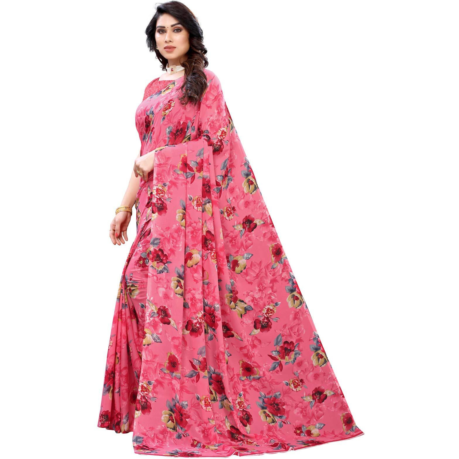SIRIL Womens Pochampalli Georgette Saree With Blouse (1850S178_Pink)