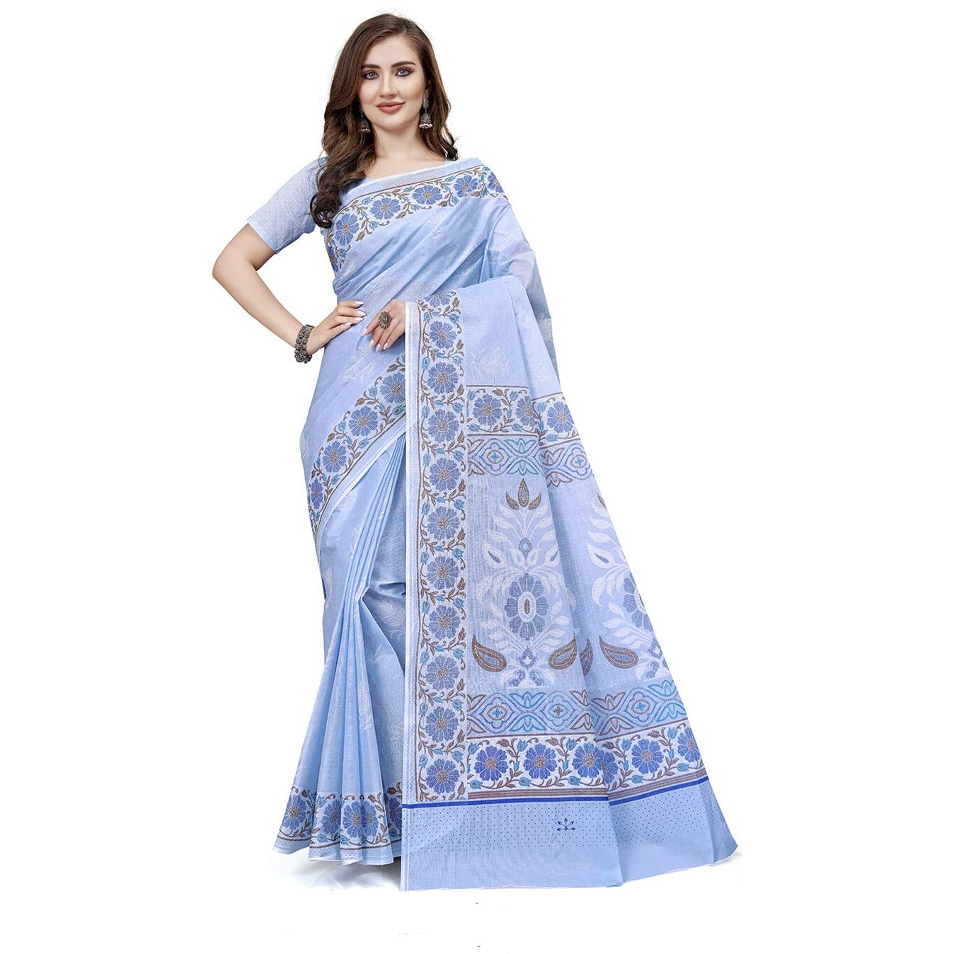 RATAN Pure Cotton Printed Mulmul Saree for Women with Blouse Piece (BGM-BP-5871_Blue)