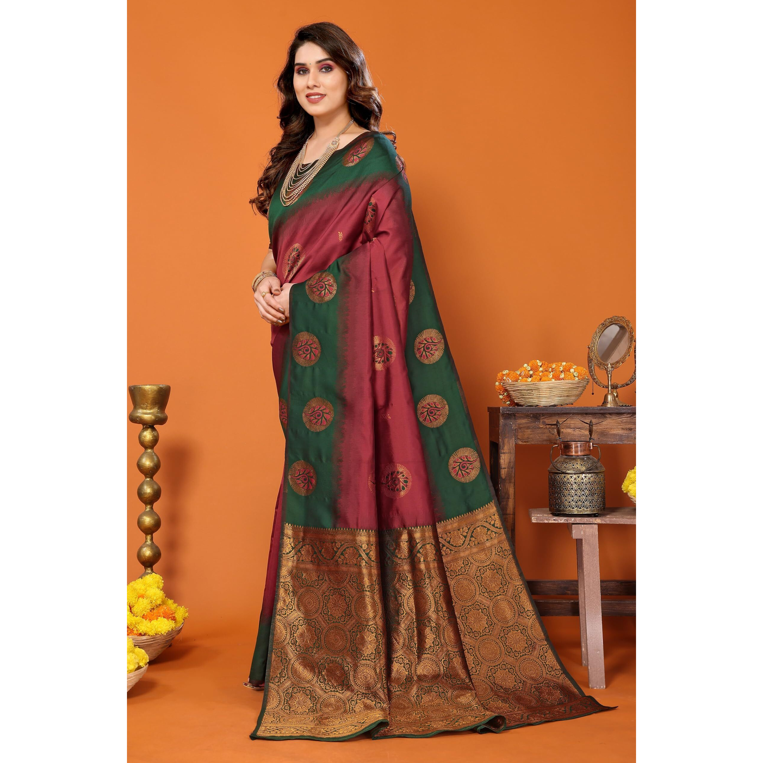 VJFASHION Women Paithani Soft Silk Saree With Blouse Piece_freesize(maroon&green)