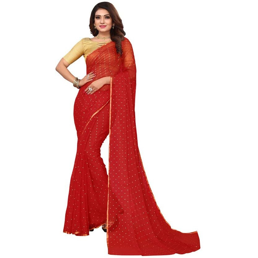 SIRIL Womens Jari Border & Mukaish Work Chiffon Saree with Unstitched Blouse Piece(2811S297A_Red1)