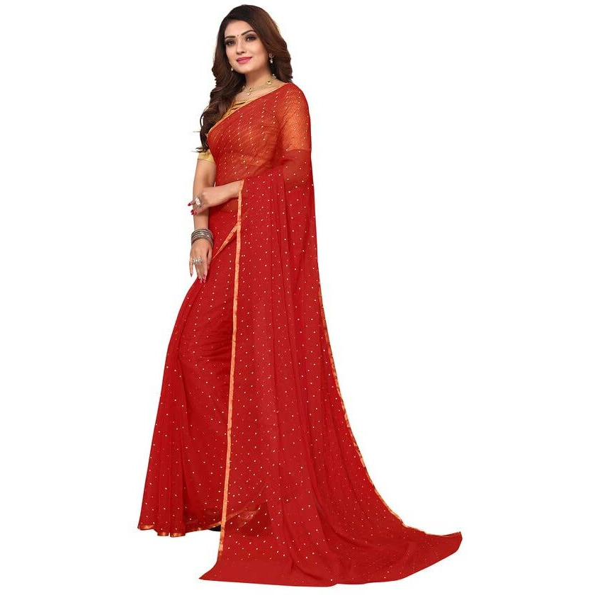 SIRIL Womens Jari Border & Mukaish Work Chiffon Saree with Unstitched Blouse Piece(2811S297A_Red1)