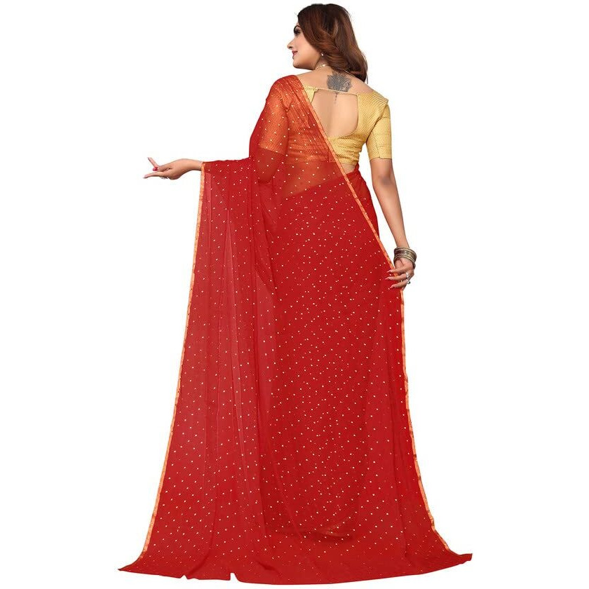 SIRIL Womens Jari Border & Mukaish Work Chiffon Saree with Unstitched Blouse Piece(2811S297A_Red1)