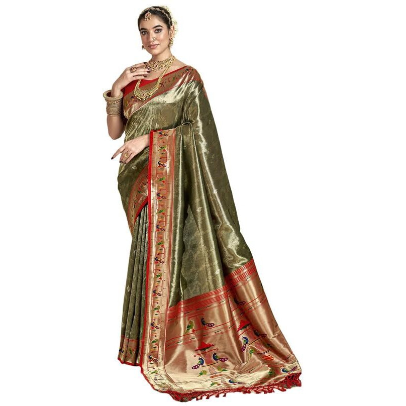 SIRIL Womens Tissue Silk Paithani Jacquard Saree With Unstitched Blouse Piece (3531S1191_Green & Red)