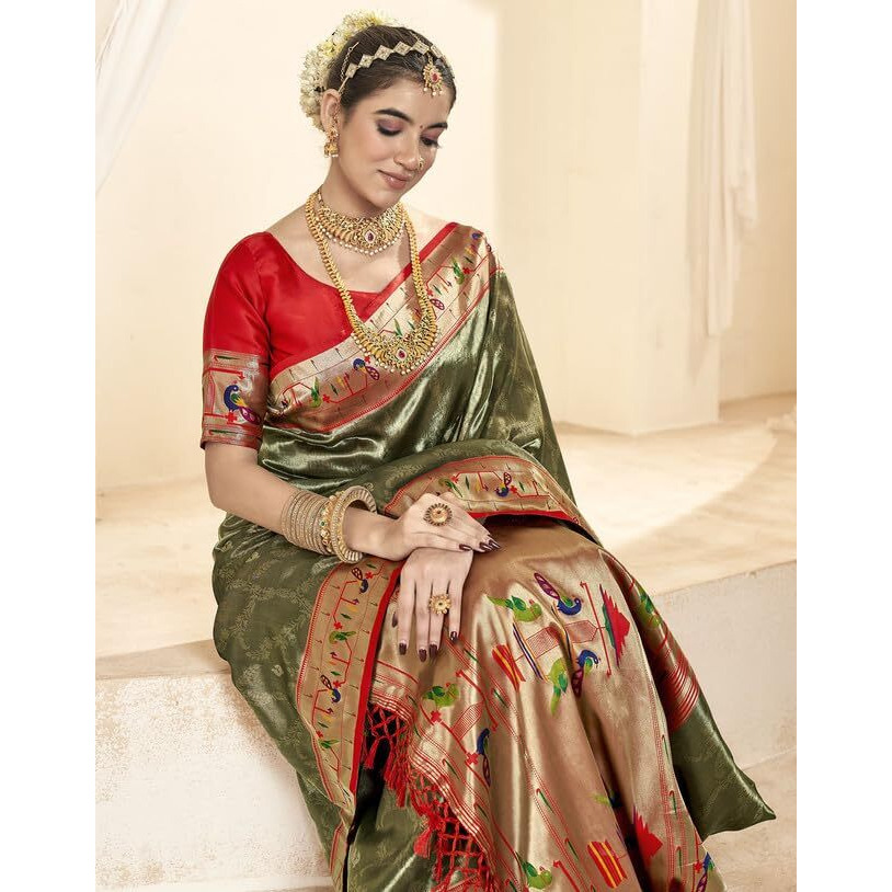 SIRIL Womens Tissue Silk Paithani Jacquard Saree With Unstitched Blouse Piece (3531S1191_Green & Red)
