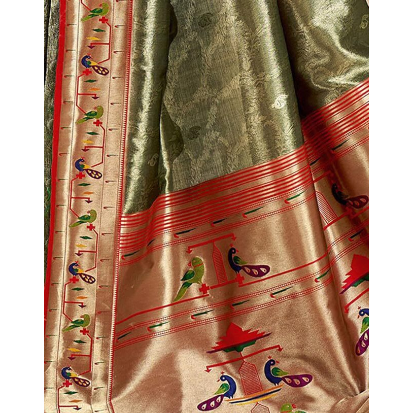 SIRIL Womens Tissue Silk Paithani Jacquard Saree With Unstitched Blouse Piece (3531S1191_Green & Red)