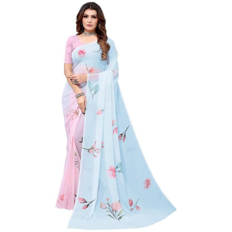SIRIL Womens Digital Printed Georgette Saree with Unstitched Blouse Piece(2658S220_Light Blue, Light Pink)