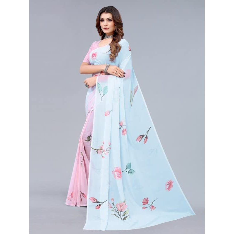 SIRIL Womens Digital Printed Georgette Saree with Unstitched Blouse Piece(2658S220_Light Blue, Light Pink)