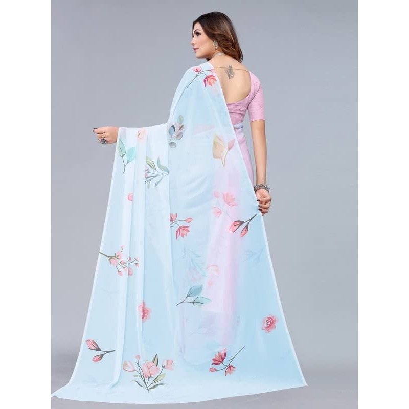 SIRIL Womens Digital Printed Georgette Saree with Unstitched Blouse Piece(2658S220_Light Blue, Light Pink)