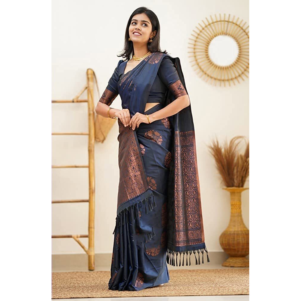 Shiv Textiles Womens Banarasi Silk Saree with Blouse Perfect for Every Occasion blue