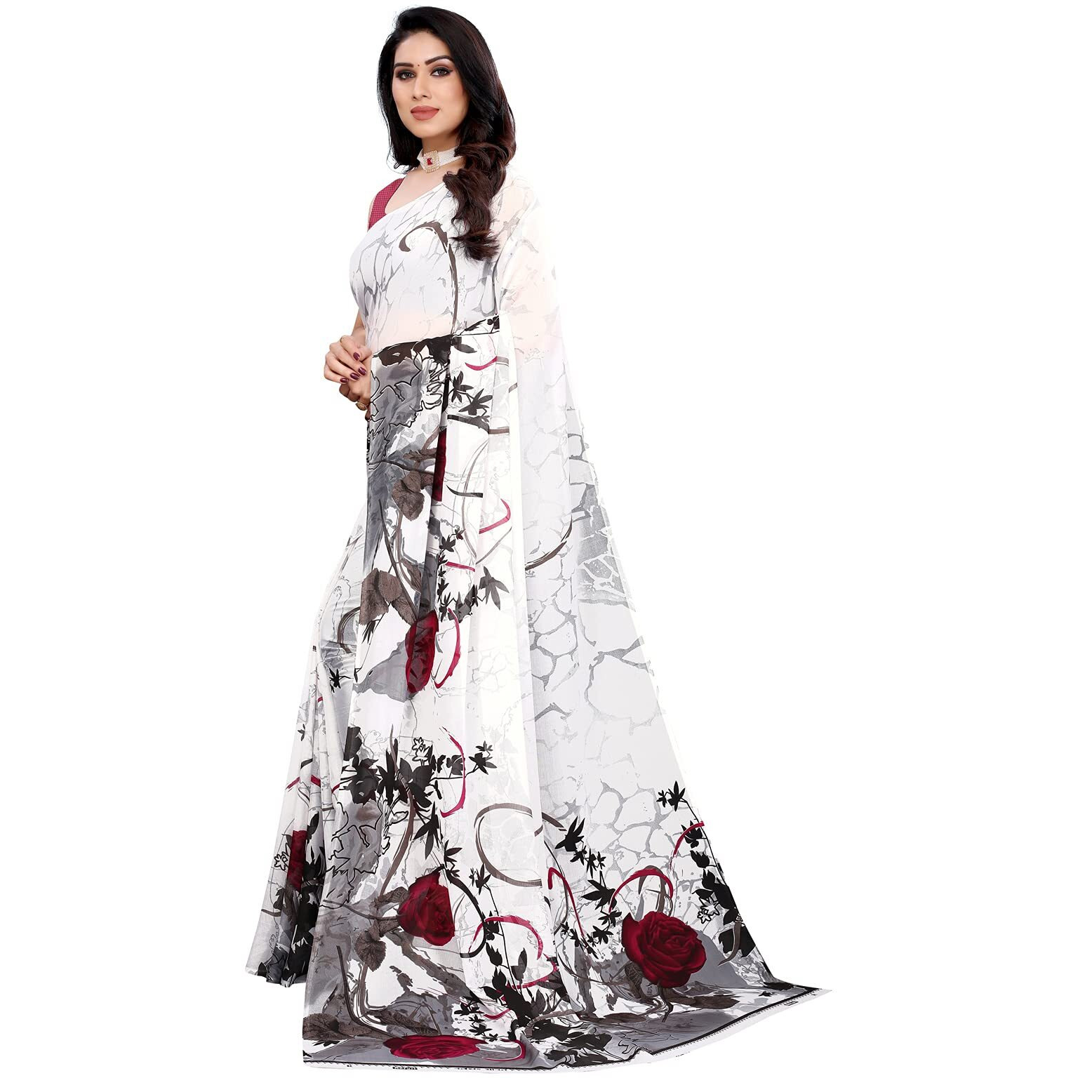 SIRIL Womens Floral Printed Georgette Saree With Blouse Piece (2081S633_White,Maroon)