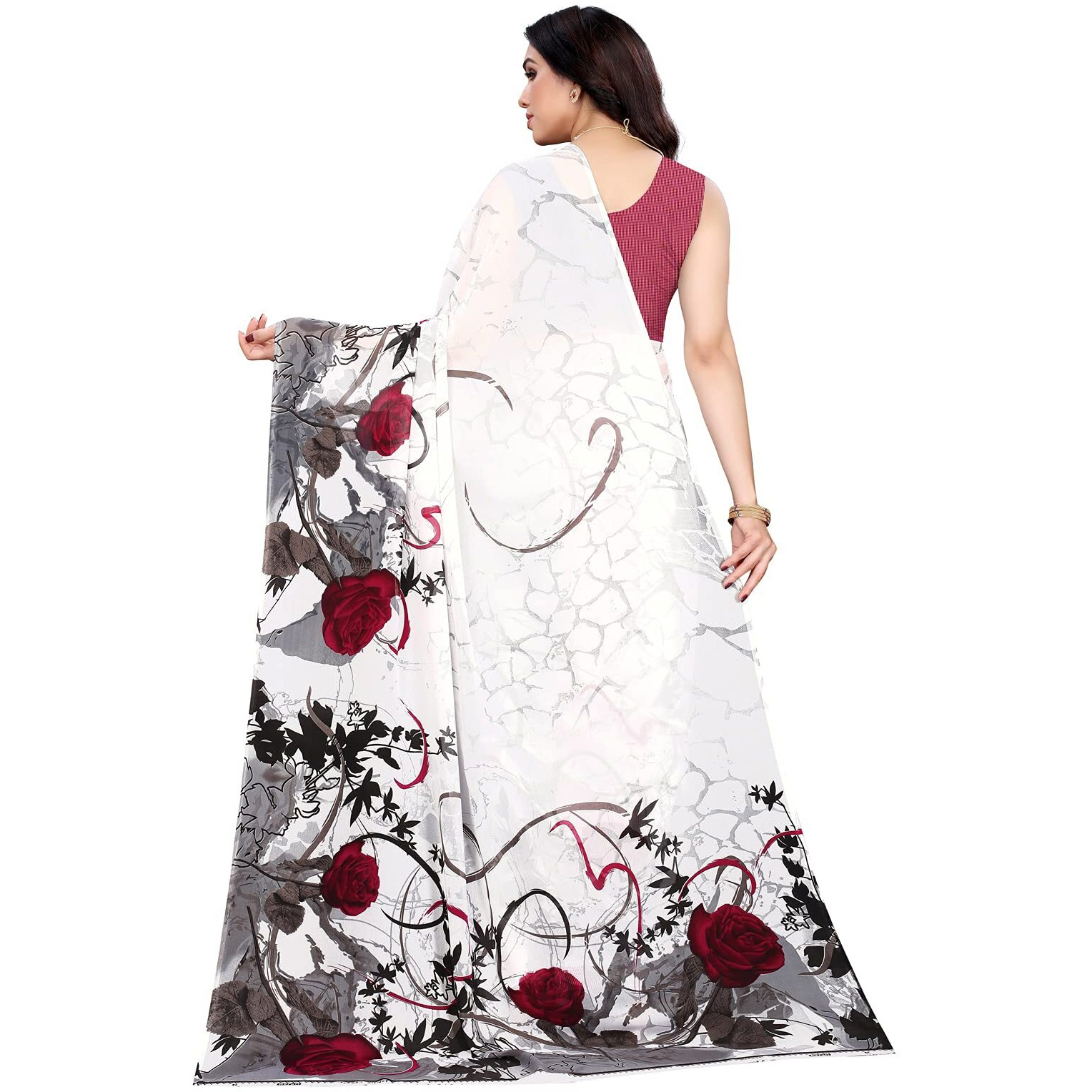 SIRIL Womens Floral Printed Georgette Saree With Blouse Piece (2081S633_White,Maroon)