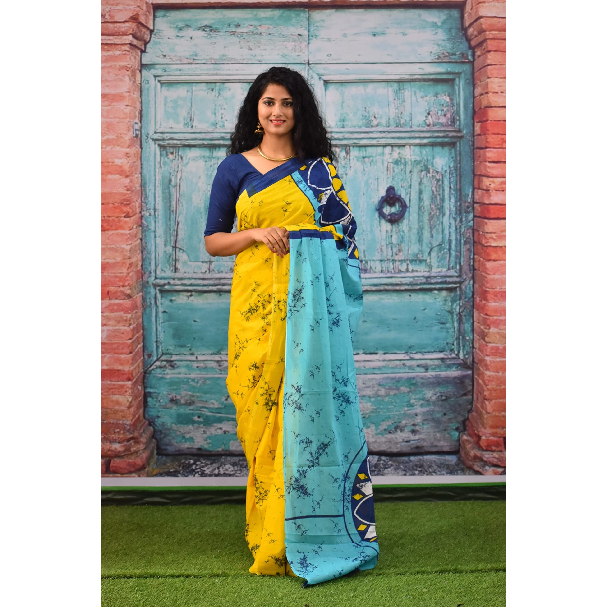 JALTHER Handicrafts Womens Ikat Hand Block Print Jaipuri Cotton Mulmul Saree with Blouse Piece - Yellow_244