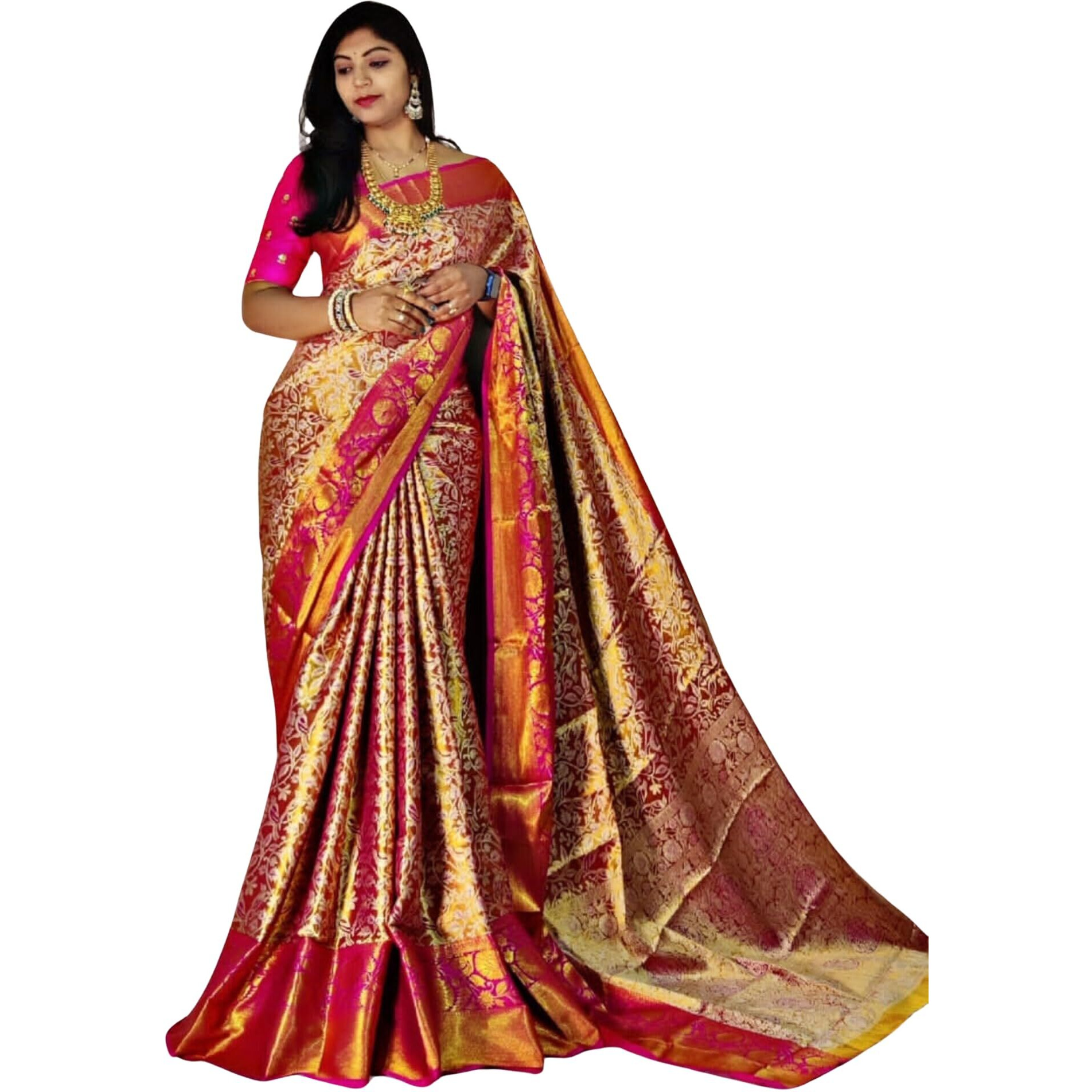 SGF11- Womens Kanjivaram Pure Soft Silk Handloom Saree Pure Golden Zari With Blouse Piece (Pink)