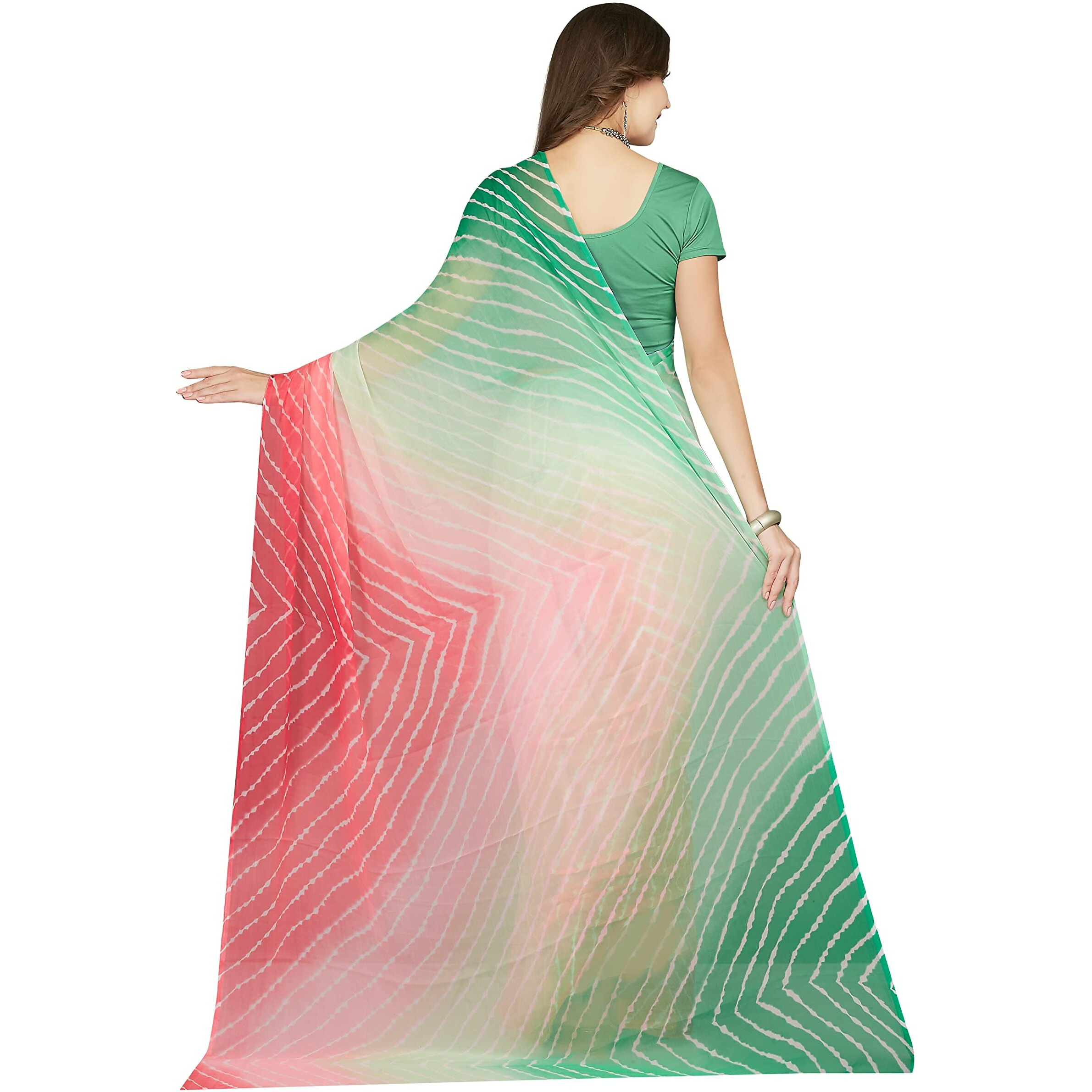 RANI SAAHIBA Womens Chiffon Lehriya Printed Saree Without Blouse (SKR9118_Green-Pink)