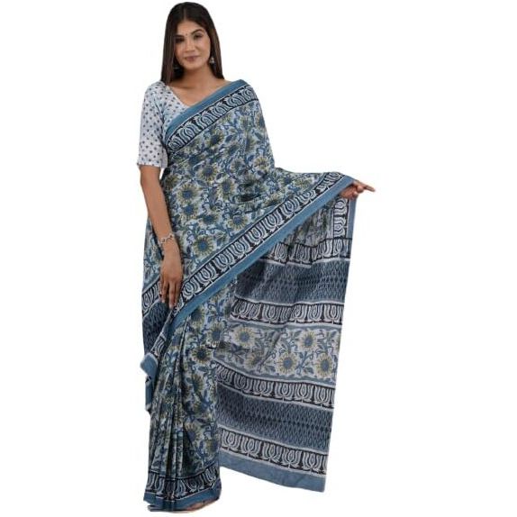 JALTHER Handicrafts Womens Ikat Hand Block Print Jaipuri Cotton Mulmul Saree with Blouse Piece - Blue_10