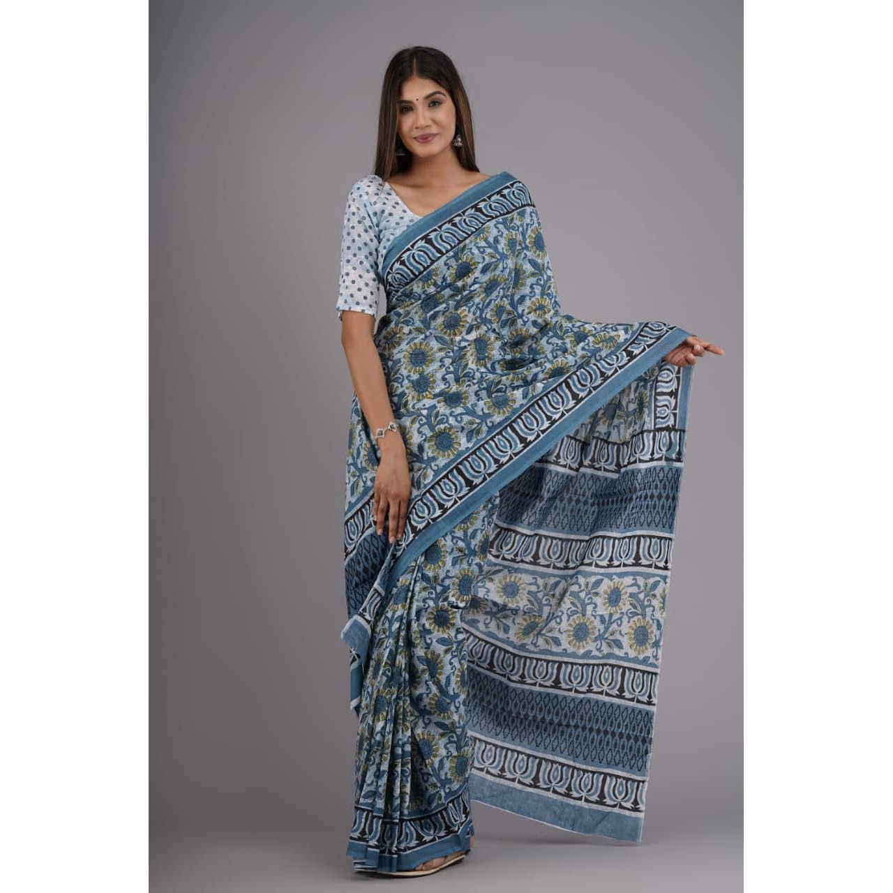 JALTHER Handicrafts Womens Ikat Hand Block Print Jaipuri Cotton Mulmul Saree with Blouse Piece - Blue_10