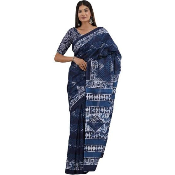 JALTHER Handicrafts Womens Ikat Hand Block Print Jaipuri Cotton Mulmul Saree with Blouse Piece - Blue_14