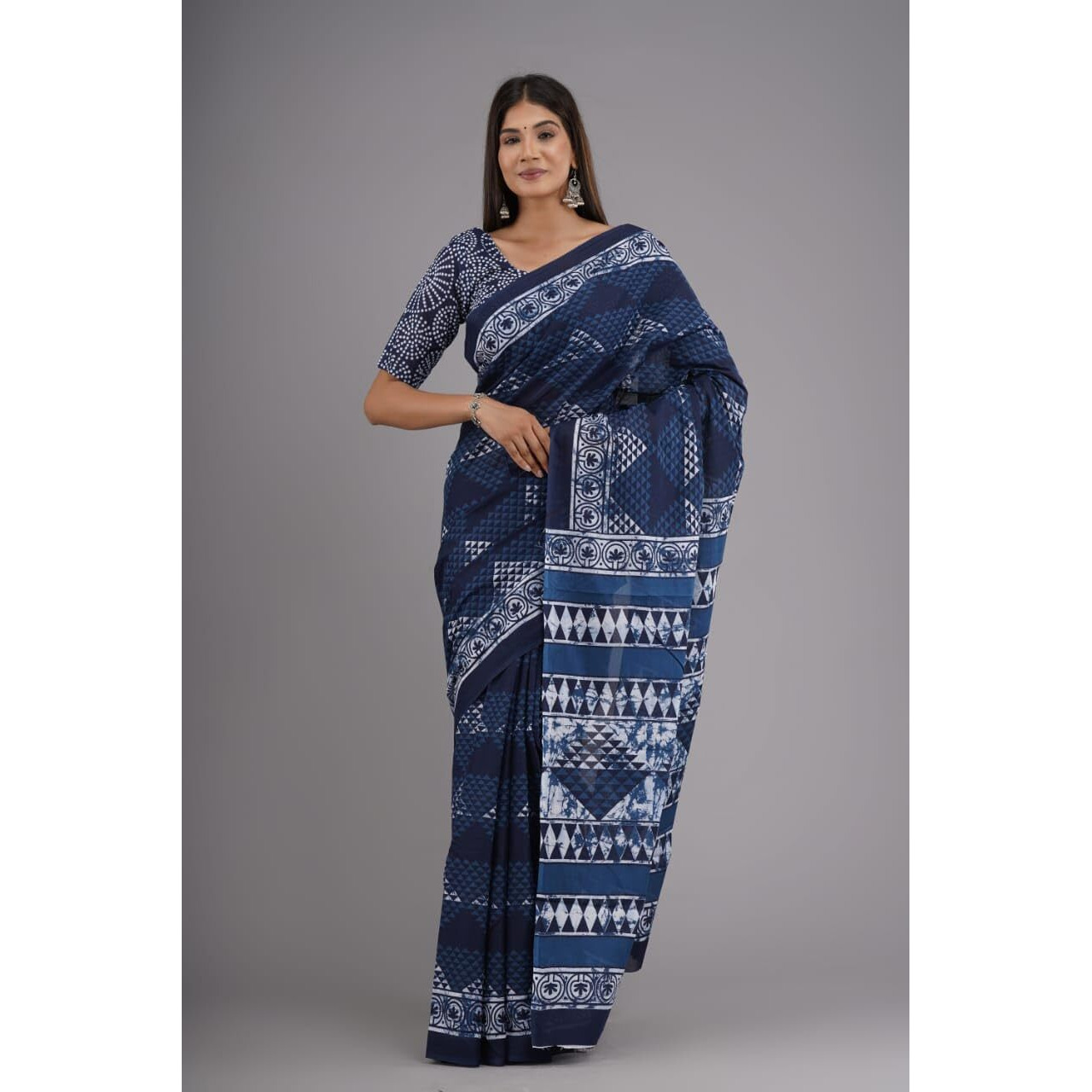 JALTHER Handicrafts Womens Ikat Hand Block Print Jaipuri Cotton Mulmul Saree with Blouse Piece - Blue_14