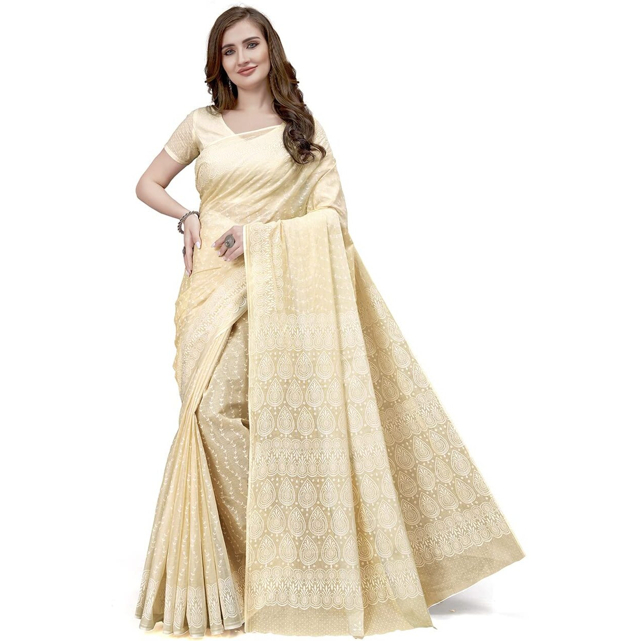 RATAN Pure Cotton Printed Mulmul Saree for Women with Blouse Piece (MMZ-BP-BEG_Beige)