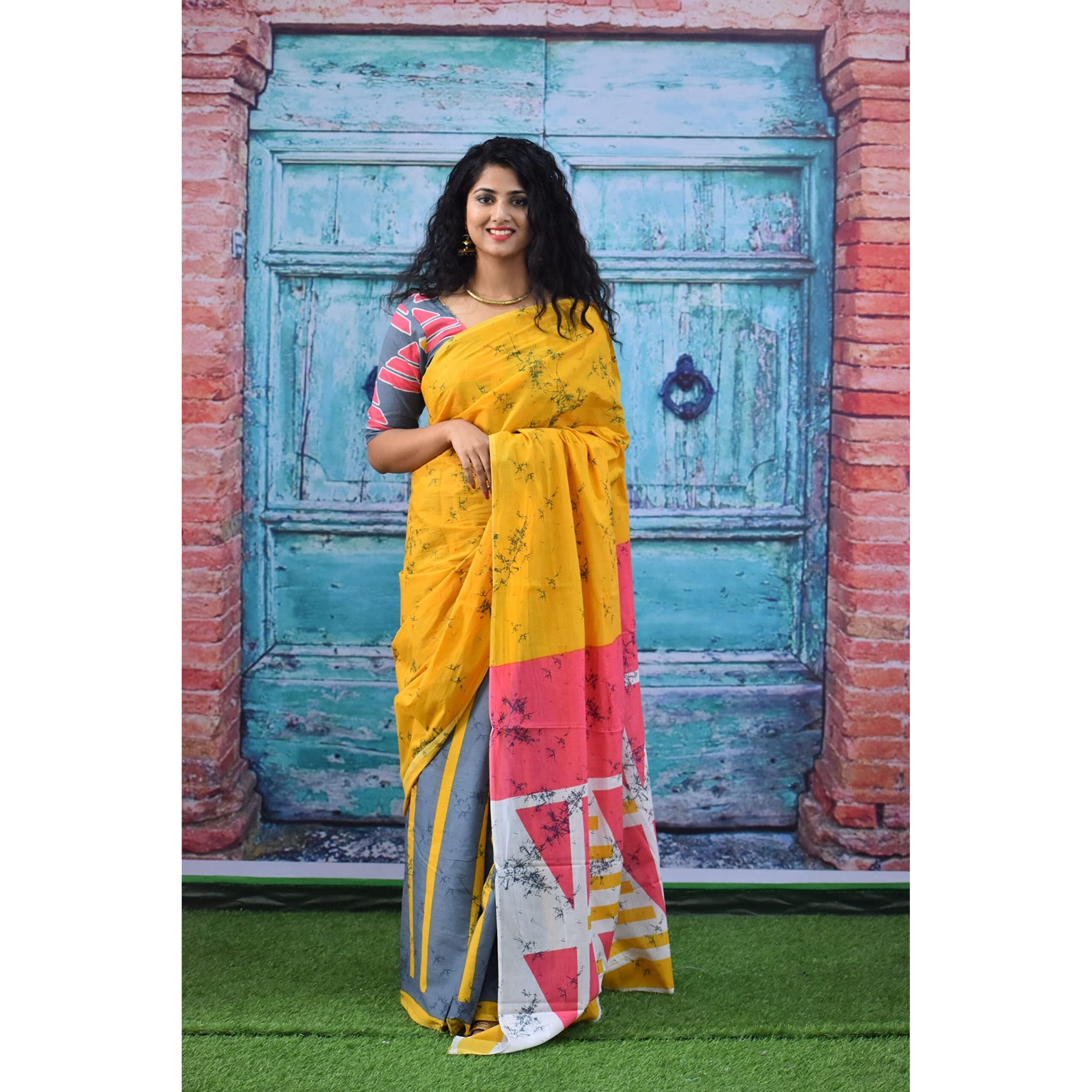 JALTHER Handicrafts Womens Ikat Hand Block Print Jaipuri Cotton Mulmul Saree with Blouse Piece - Yellow_248
