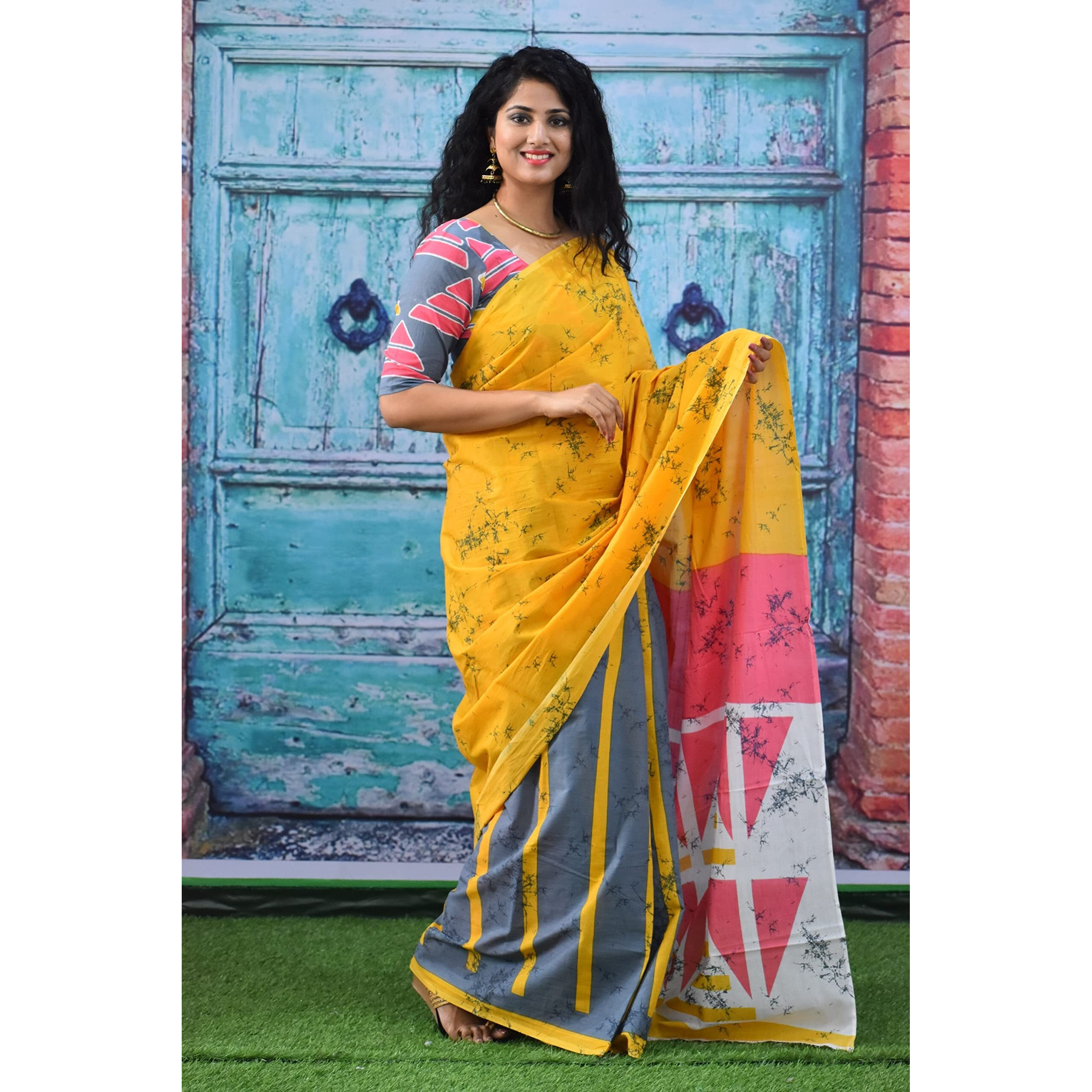 JALTHER Handicrafts Womens Ikat Hand Block Print Jaipuri Cotton Mulmul Saree with Blouse Piece - Yellow_248