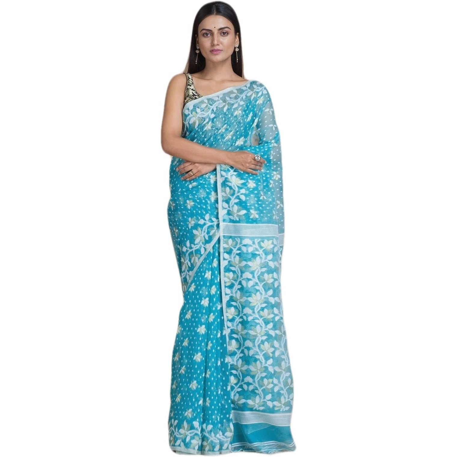 Laxmi Handloom Womens Traditional Bengal Cotton Silk Soft Jamdani Saree without Blouse Piece (Sky Blue)