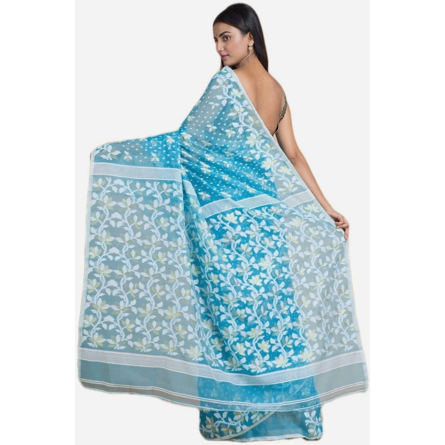 Laxmi Handloom Womens Traditional Bengal Cotton Silk Soft Jamdani Saree without Blouse Piece (Sky Blue)