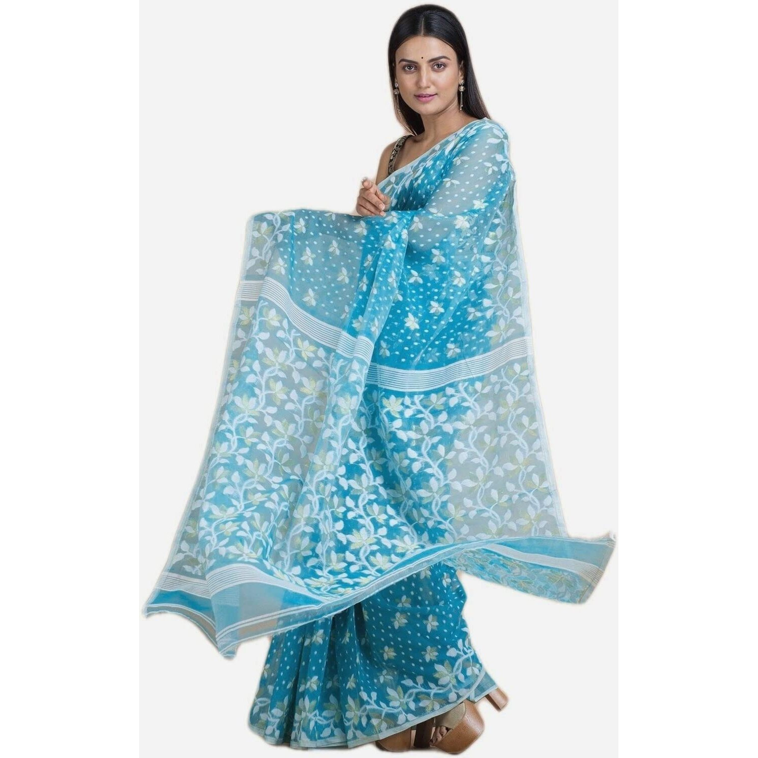 Laxmi Handloom Womens Traditional Bengal Cotton Silk Soft Jamdani Saree without Blouse Piece (Sky Blue)