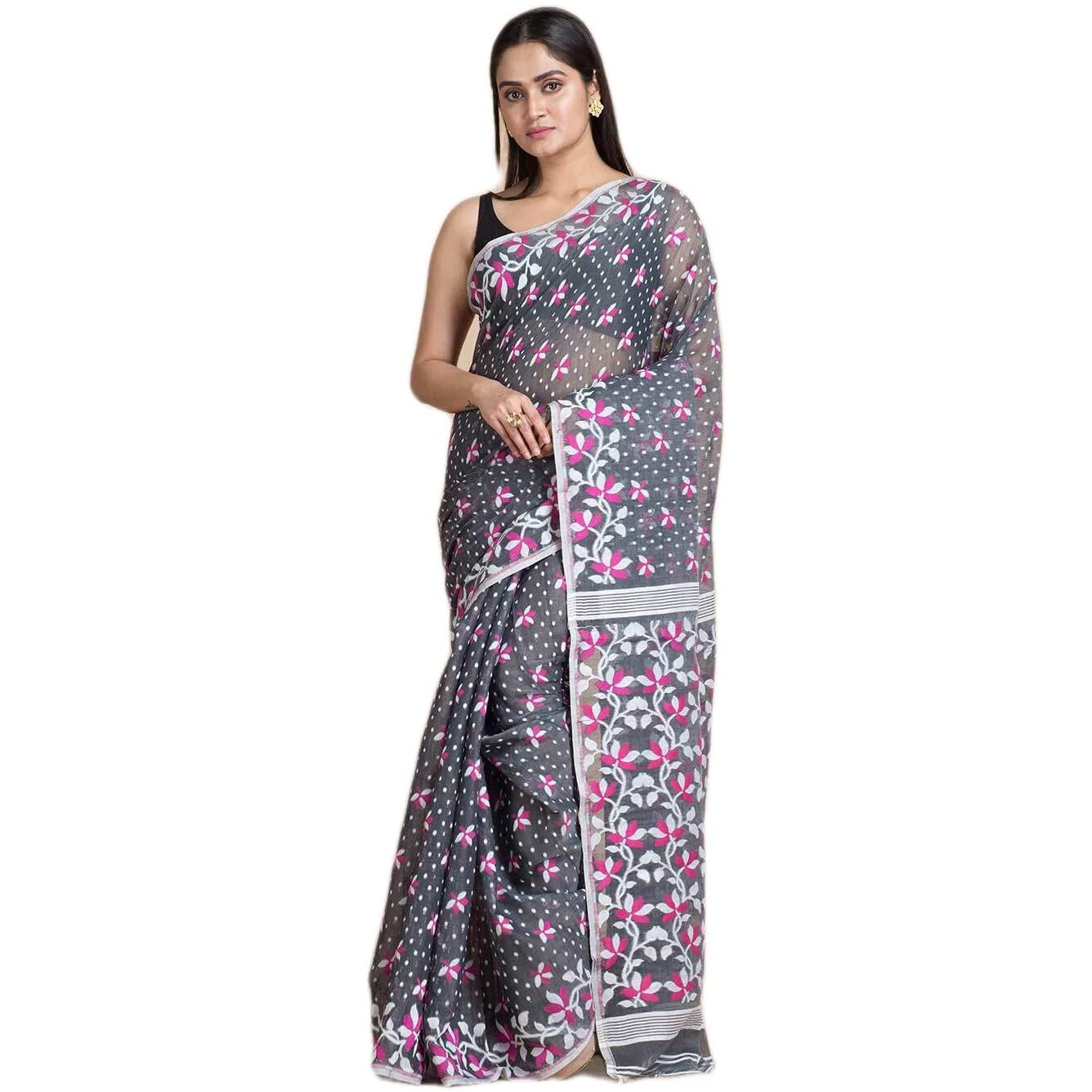 Laxmi Handloom Womens Traditional Bengal Cotton Silk Soft Jamdani Saree without Blouse Piece (Dark Grey)