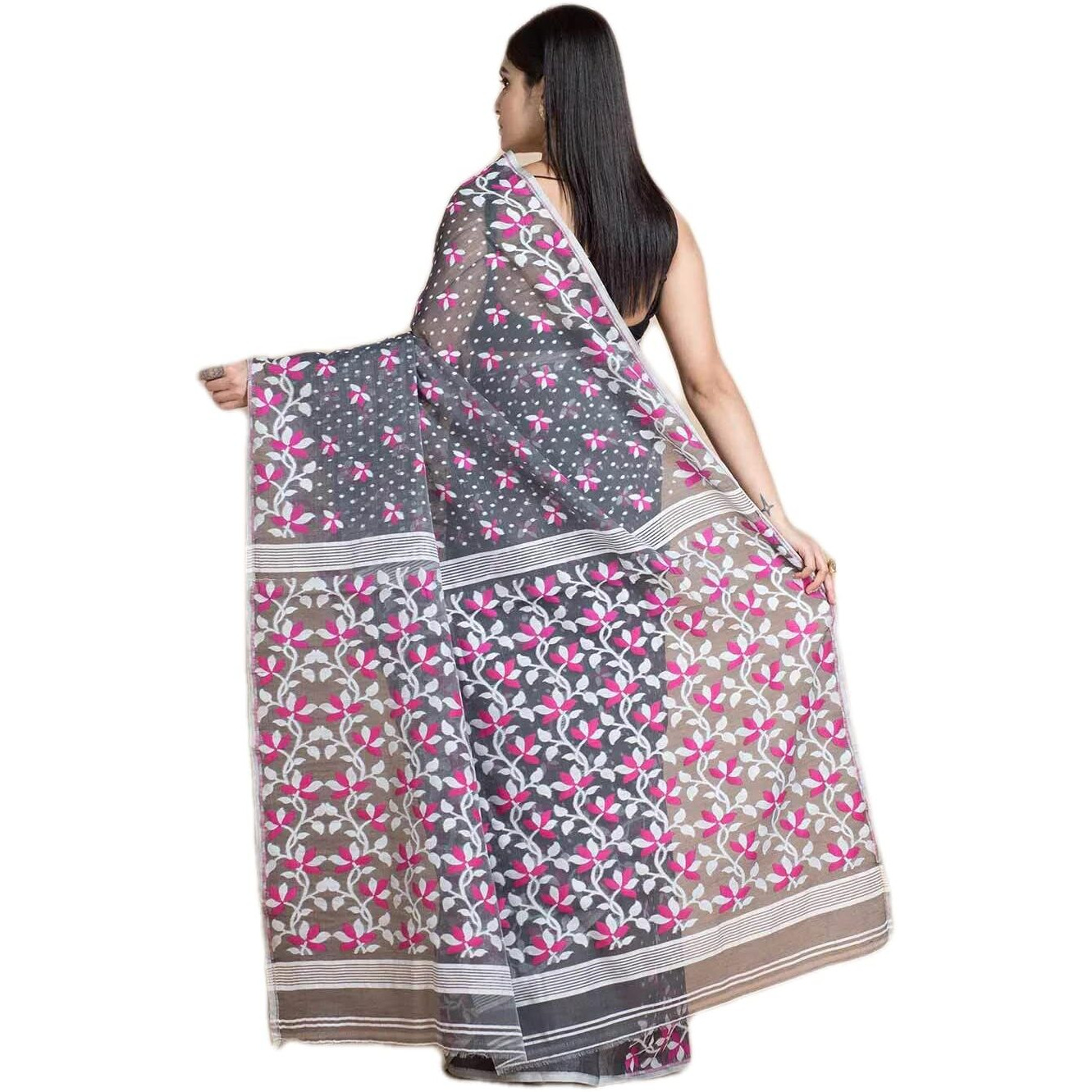 Laxmi Handloom Womens Traditional Bengal Cotton Silk Soft Jamdani Saree without Blouse Piece (Dark Grey)
