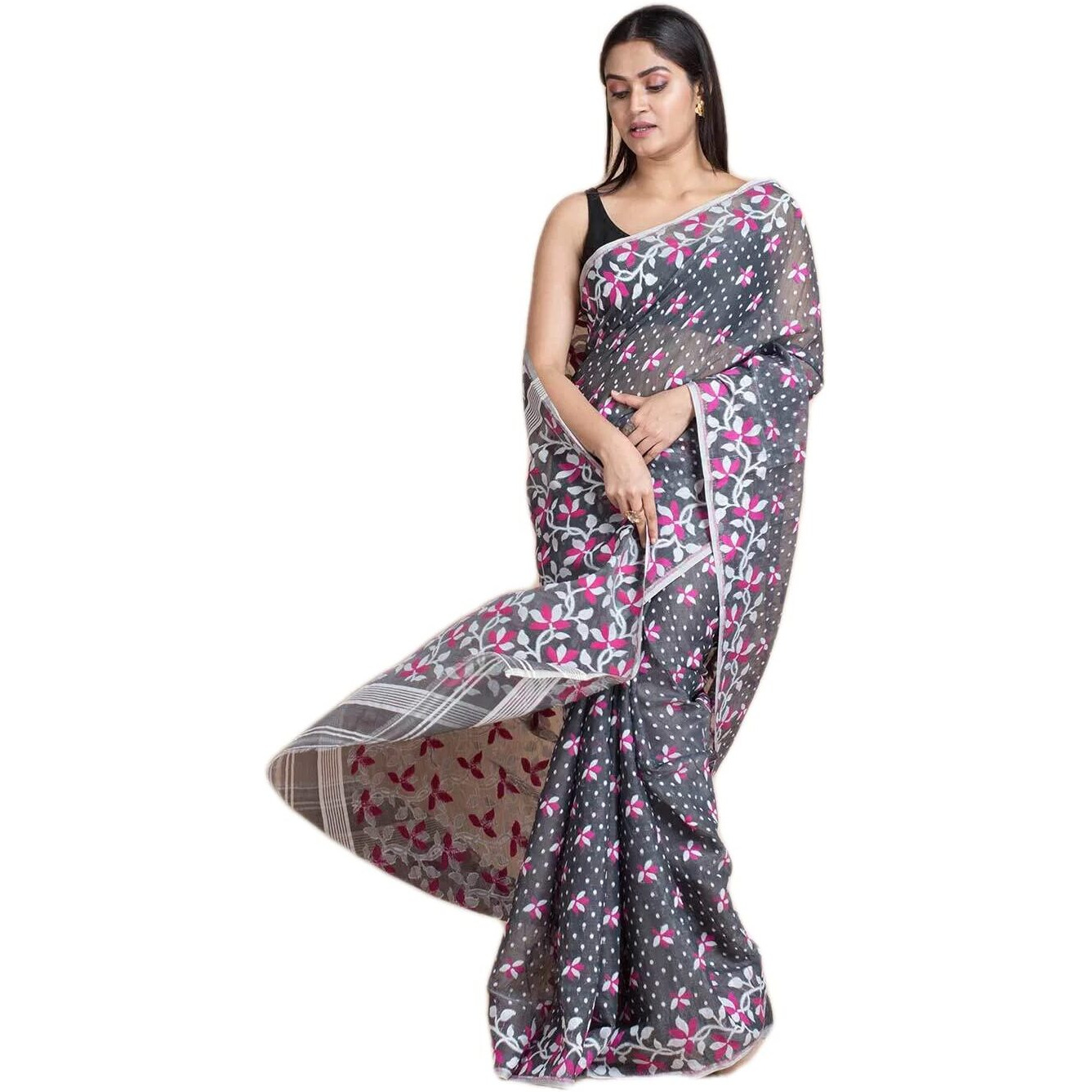 Laxmi Handloom Womens Traditional Bengal Cotton Silk Soft Jamdani Saree without Blouse Piece (Dark Grey)