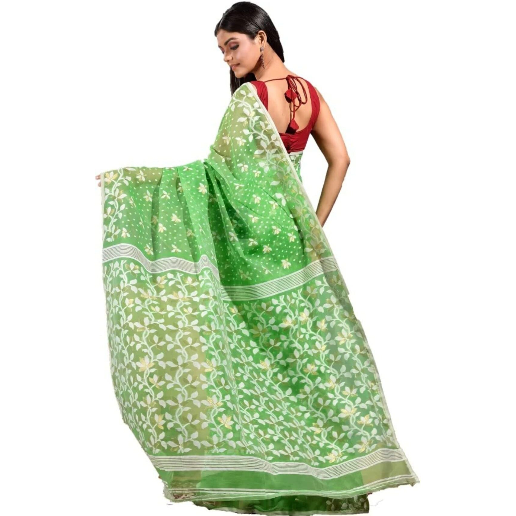 Laxmi Handloom Womens Traditional Bengal Cotton Silk Soft Jamdani Saree without Blouse Piece (Lite Green)