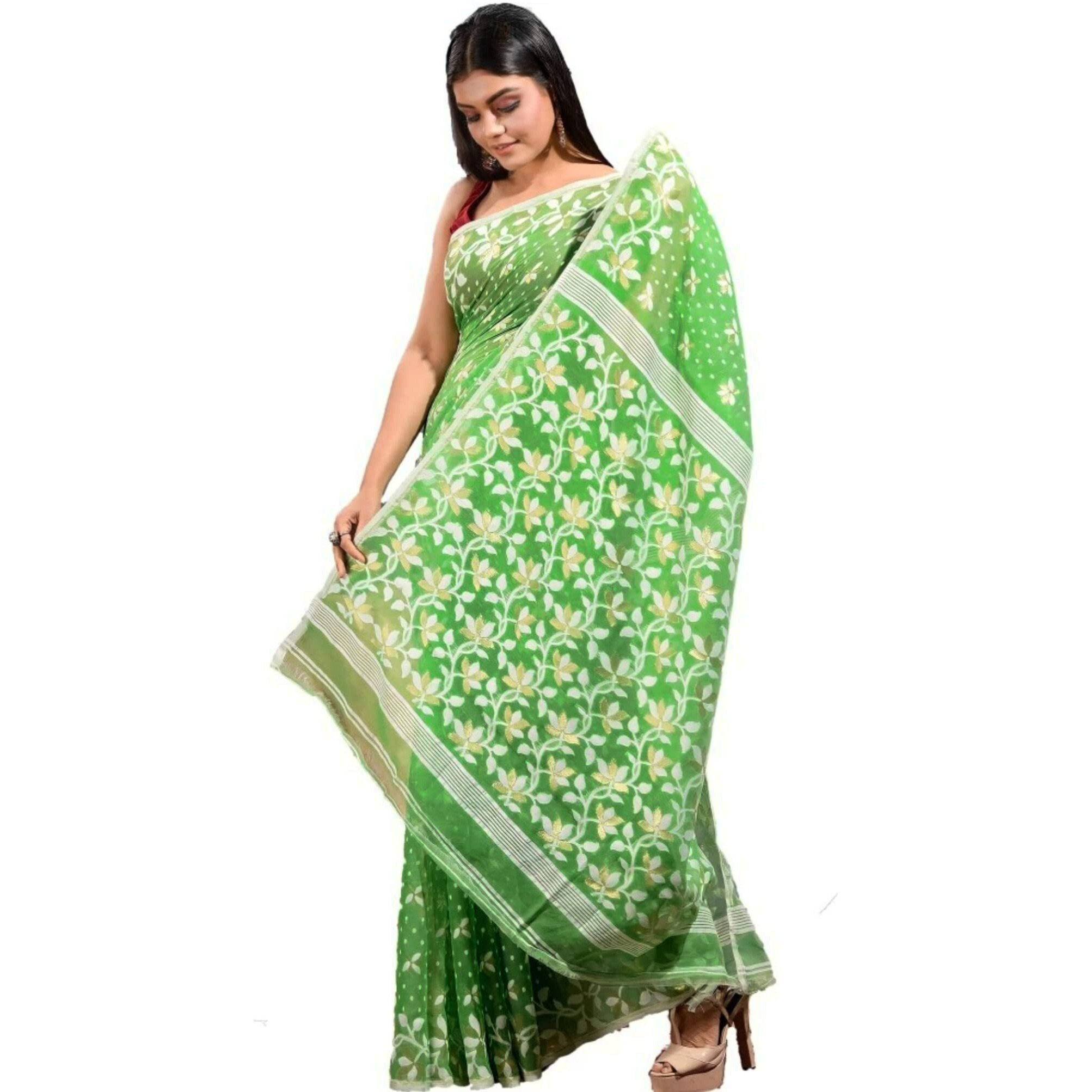 Laxmi Handloom Womens Traditional Bengal Cotton Silk Soft Jamdani Saree without Blouse Piece (Lite Green)