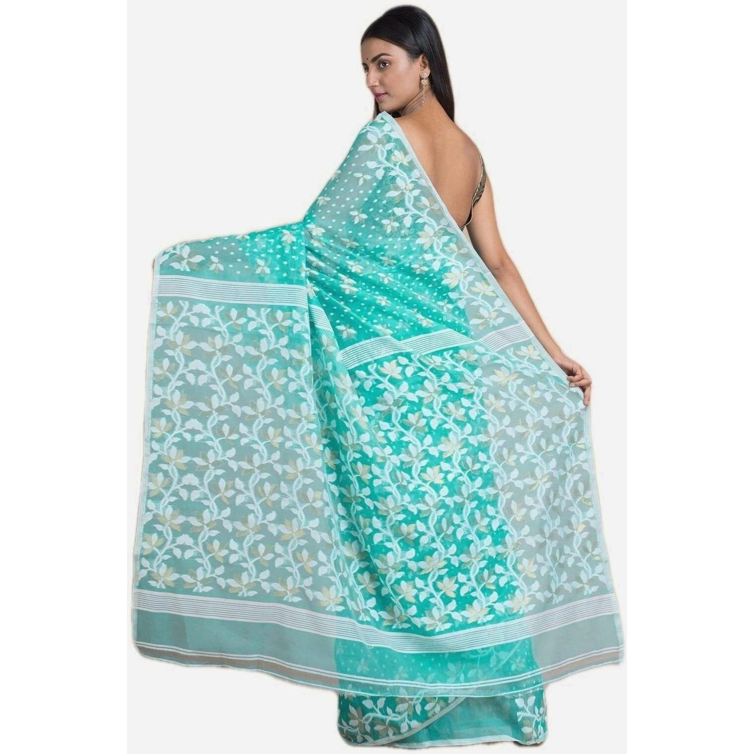 Laxmi Handloom Womens Traditional Bengal Cotton Silk Soft Jamdani Saree without Blouse Piece (Sea Green)