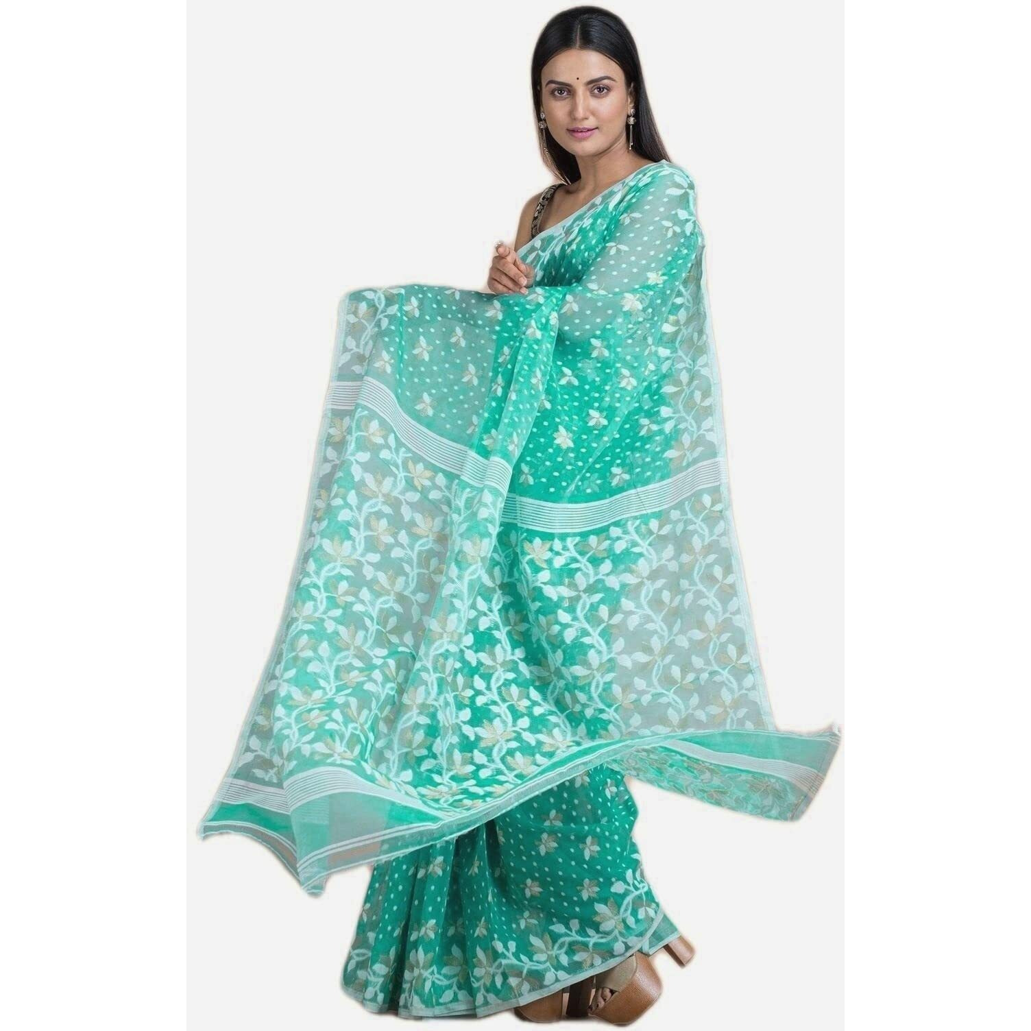 Laxmi Handloom Womens Traditional Bengal Cotton Silk Soft Jamdani Saree without Blouse Piece (Sea Green)